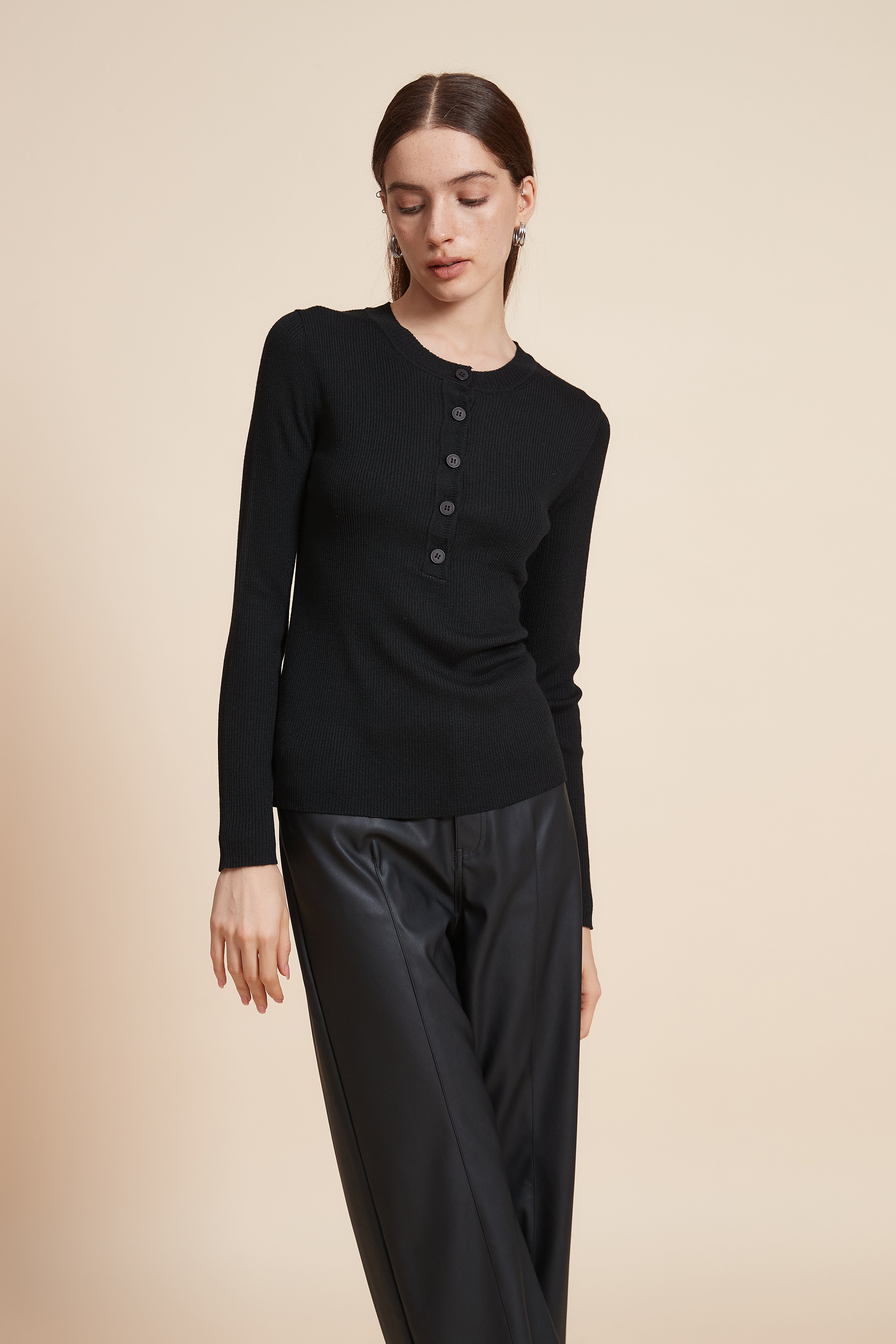 Plain Long Sleeve Blouse with Front Buttons
