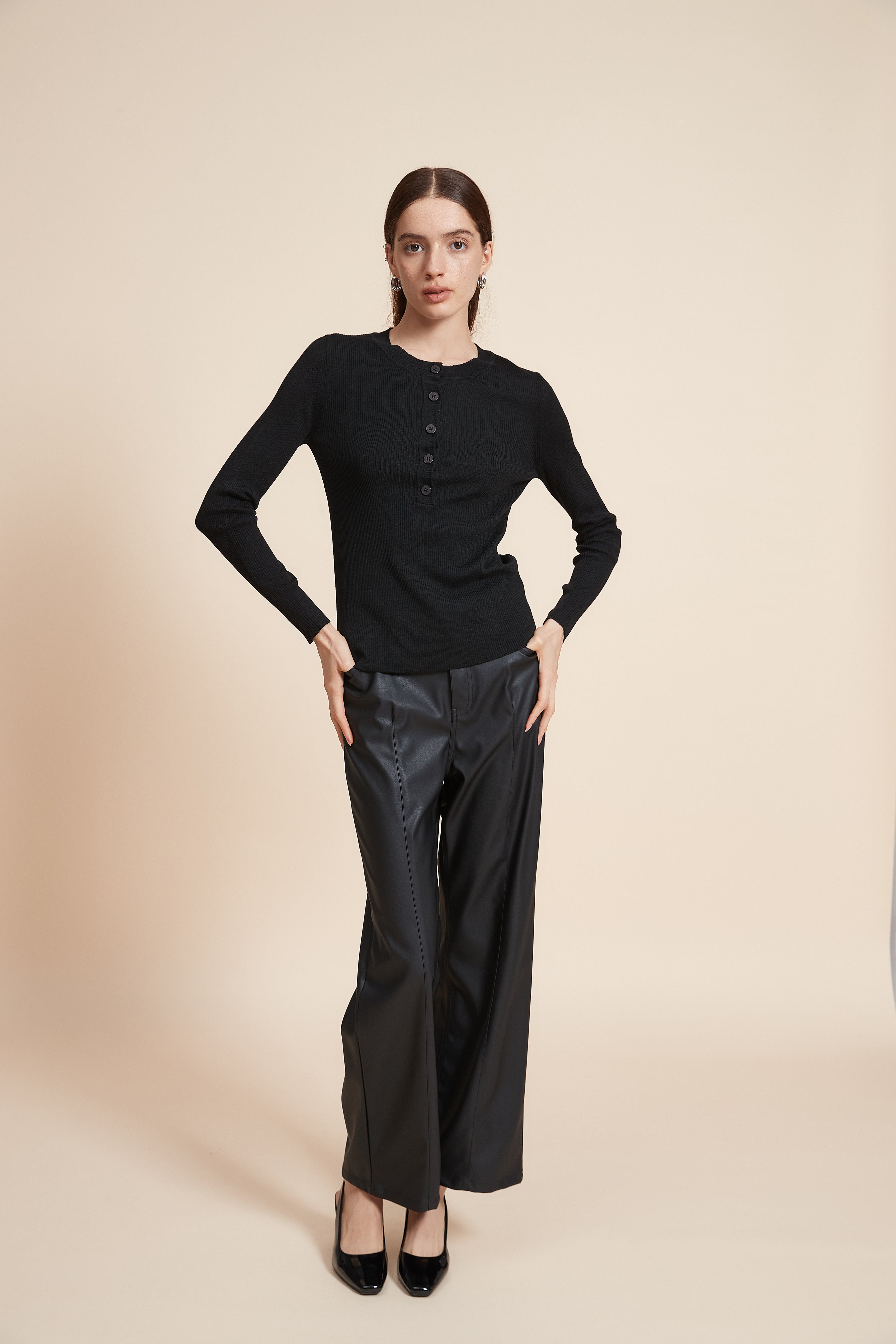 Plain Long Sleeve Blouse with Front Buttons