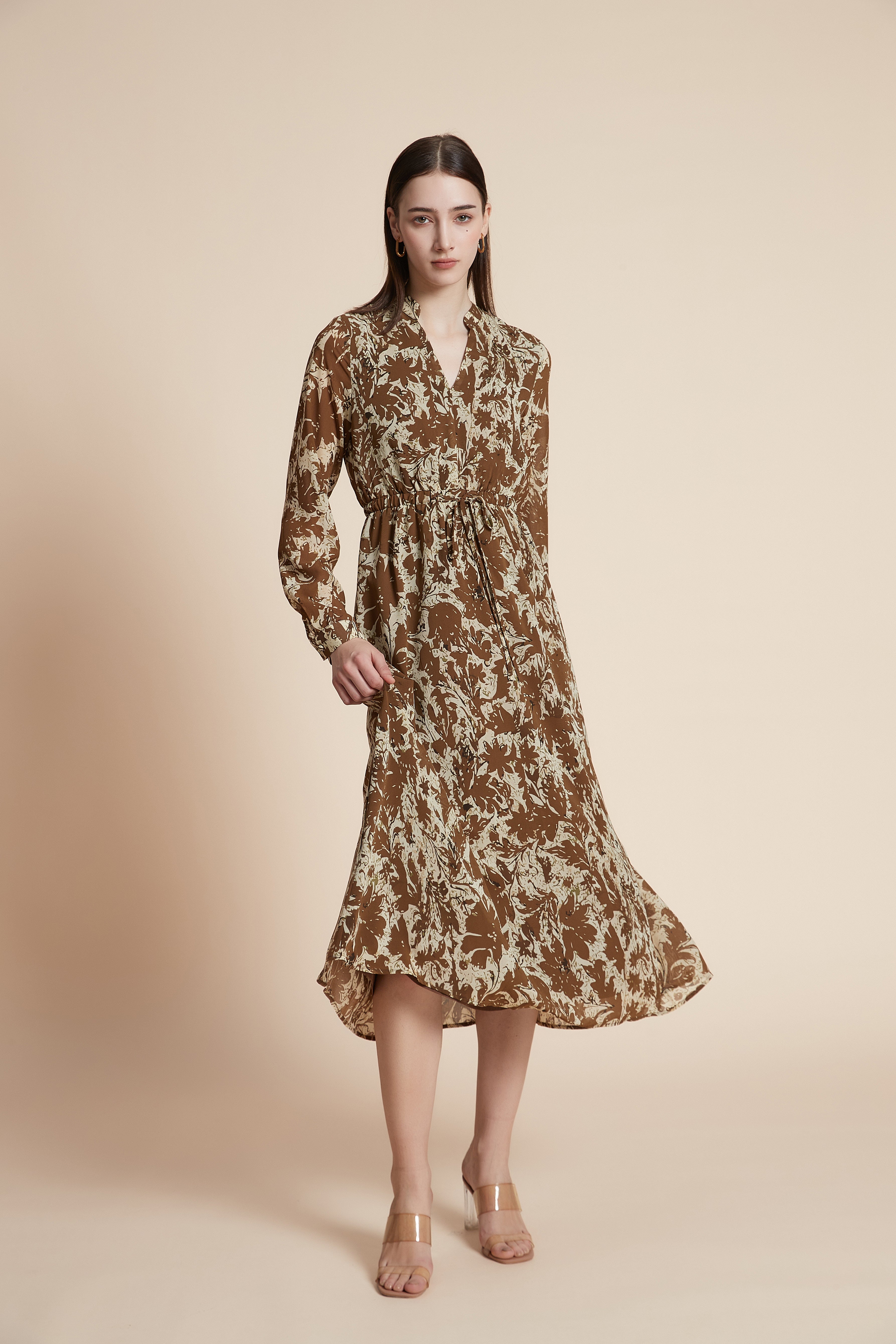 Printed long-sleeve midi dress