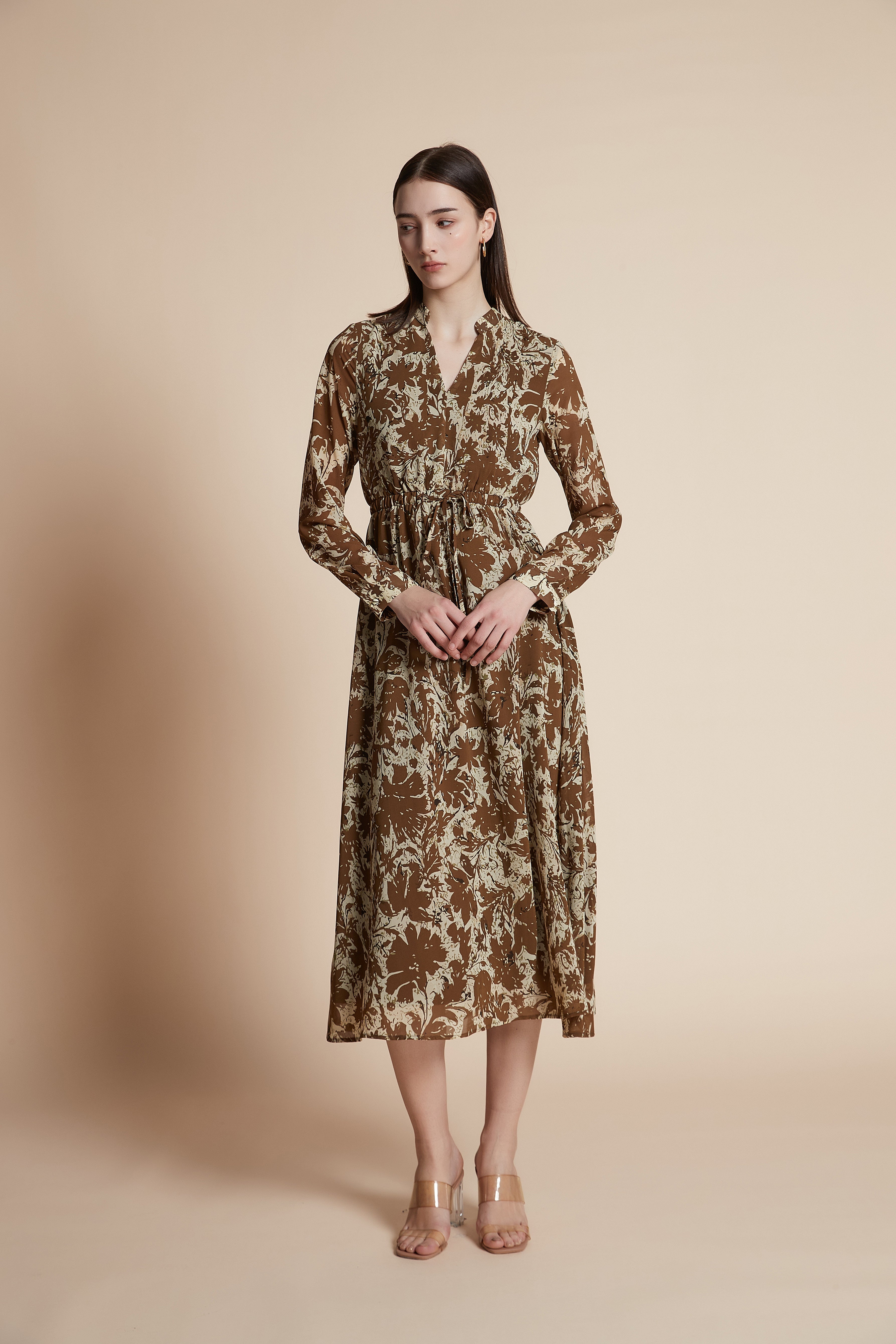 Printed long-sleeve midi dress