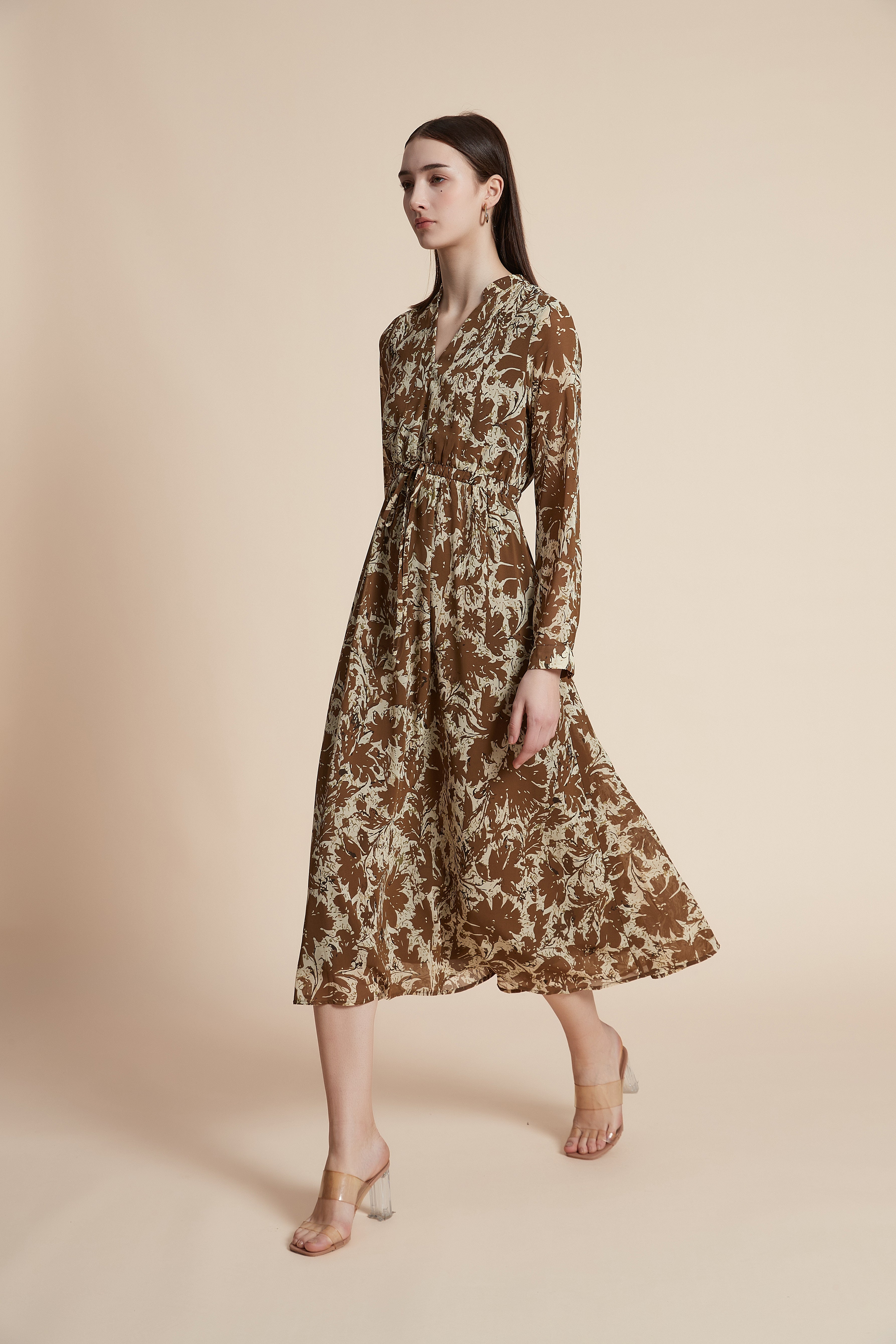 Printed long-sleeve midi dress