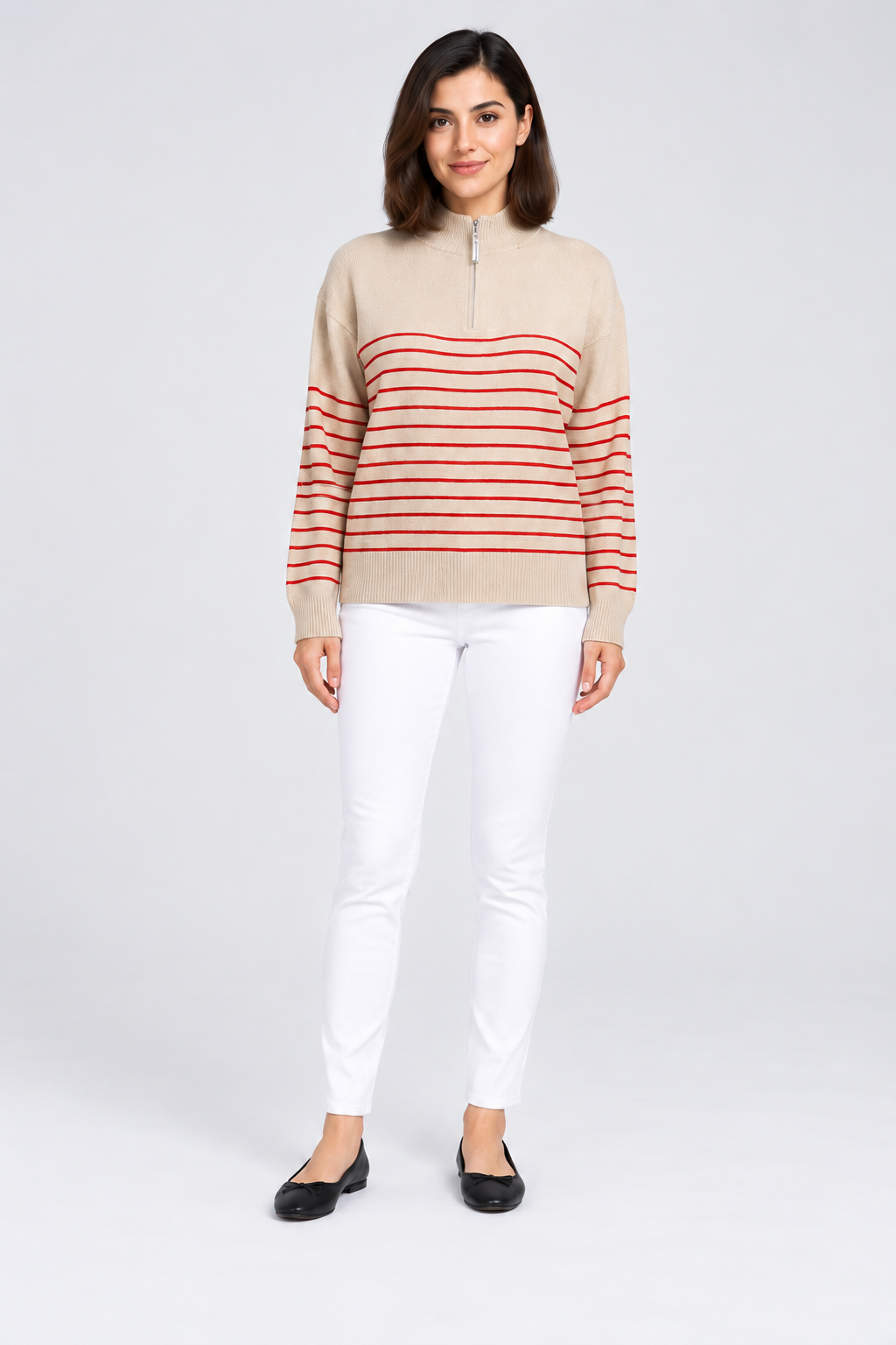 Striped Sweater with Half-Zip Neck