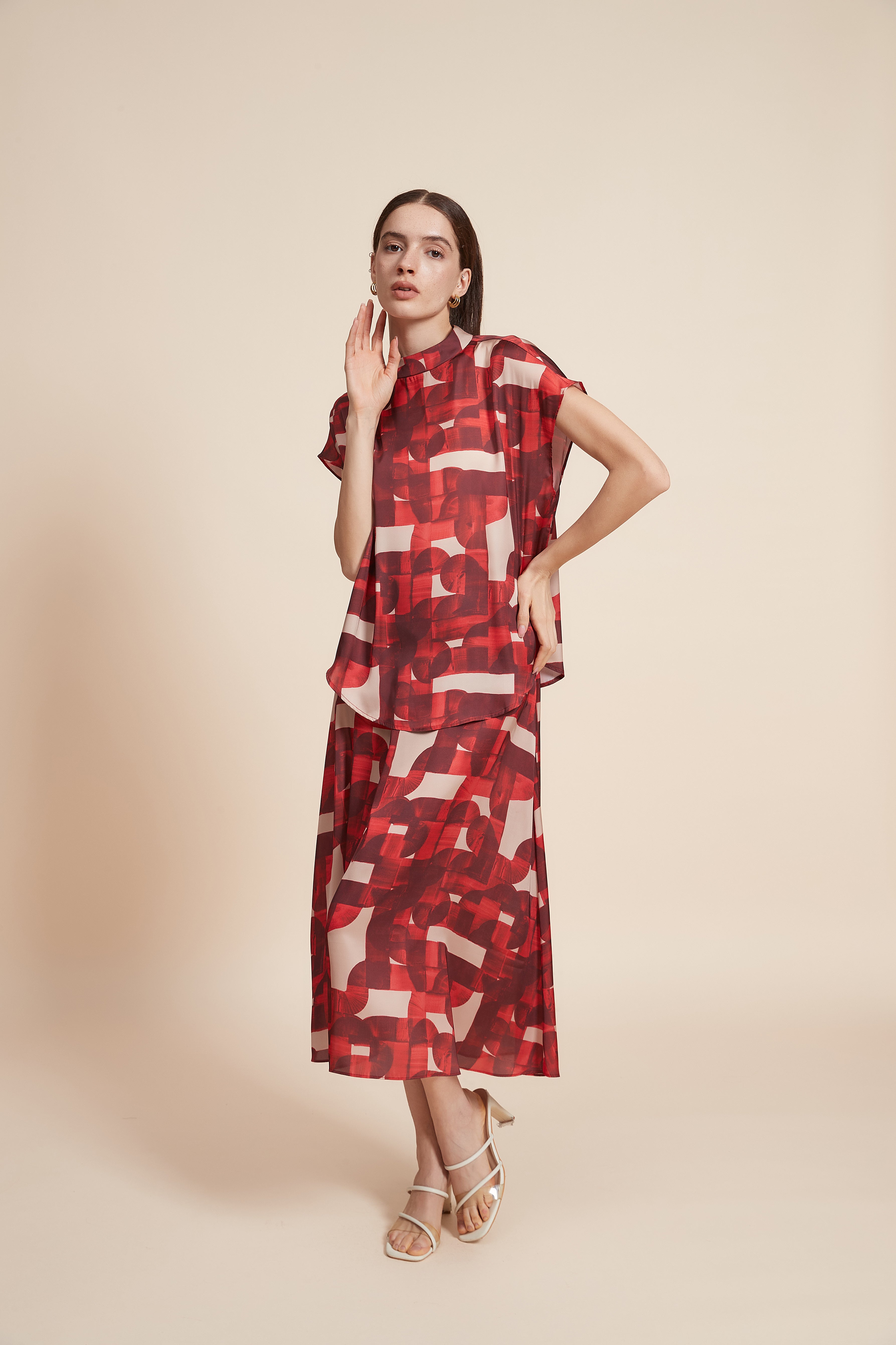 Printed Short Sleeve Blouse with High Neck