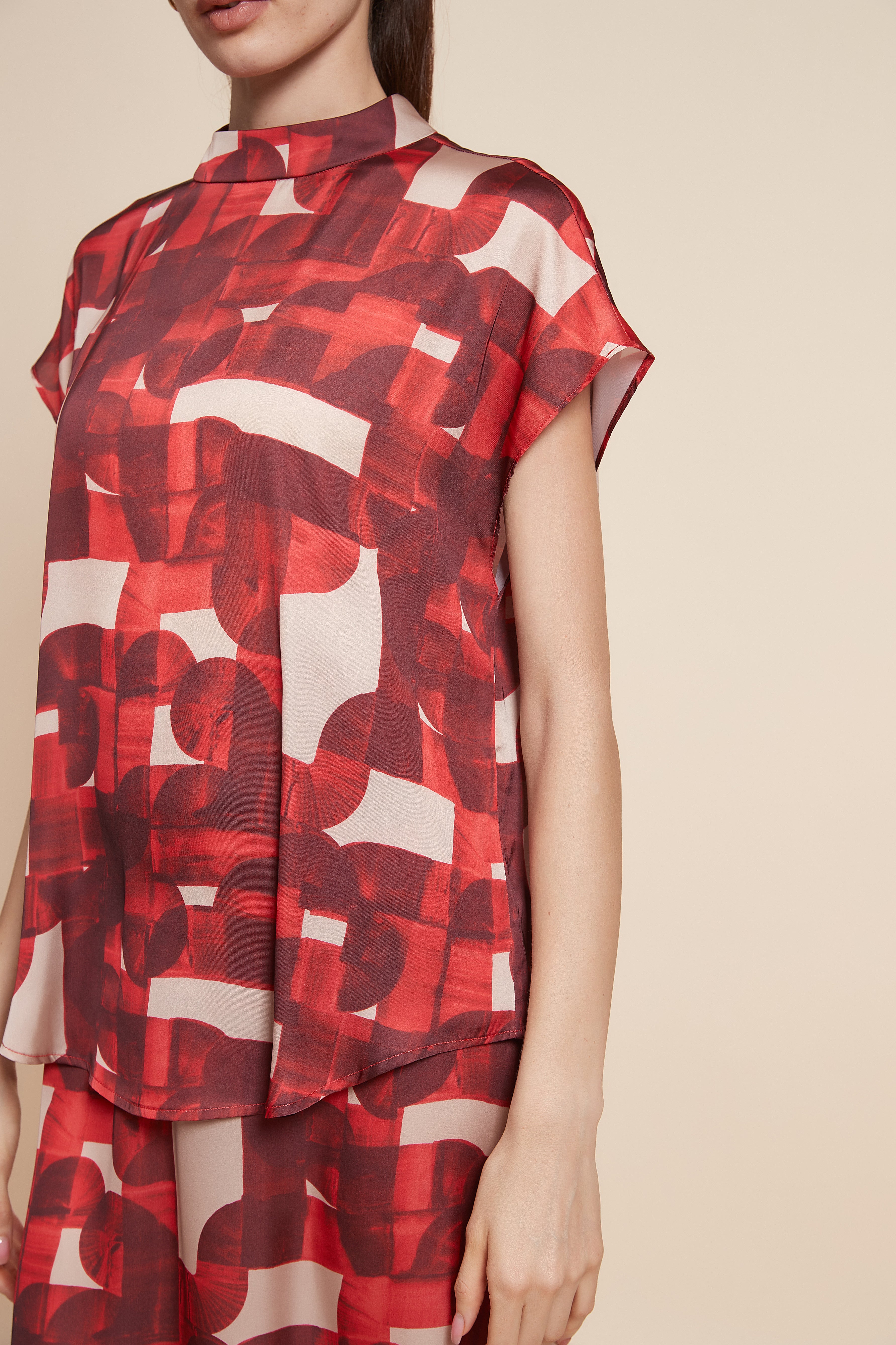 Printed Short Sleeve Blouse with High Neck