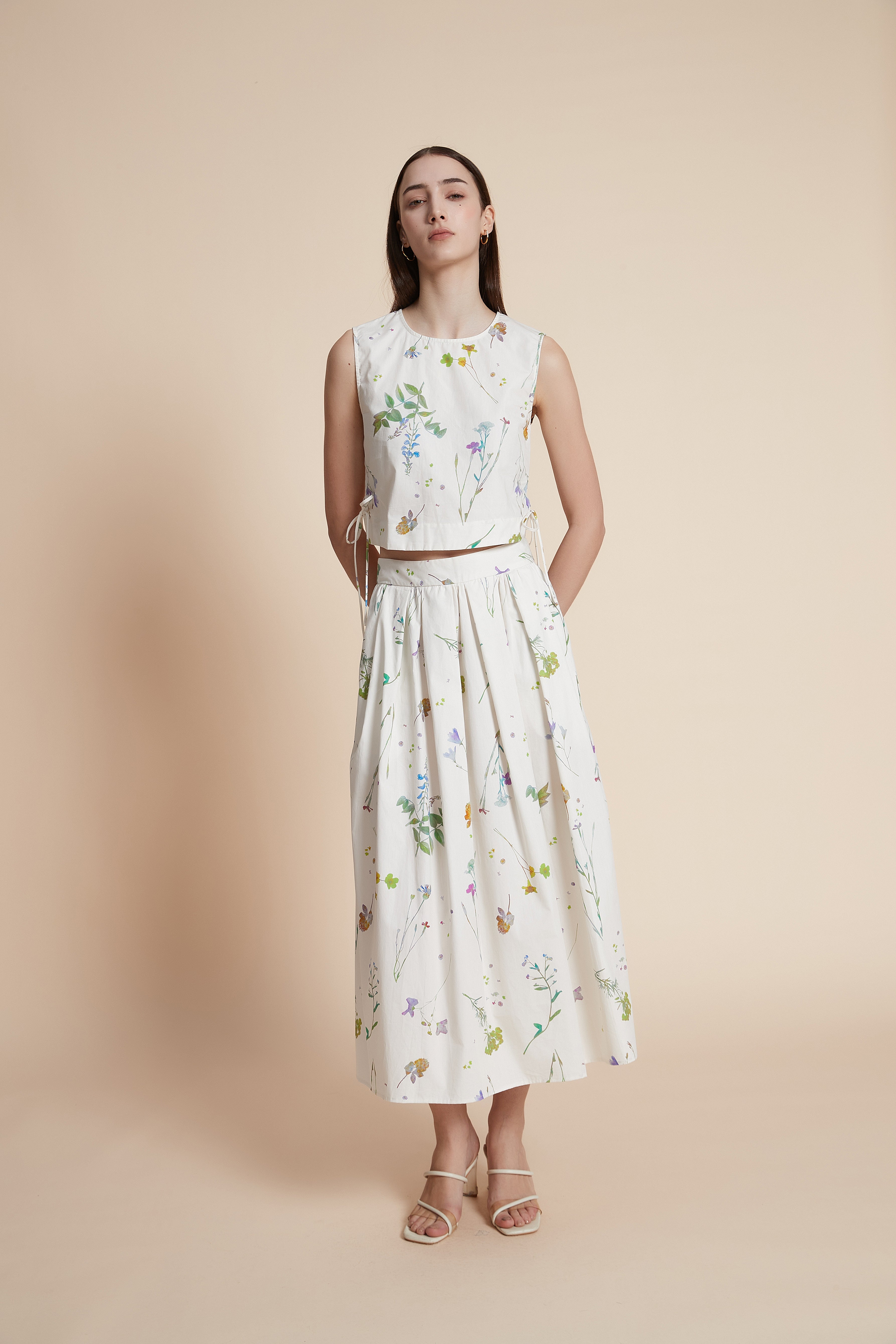 Floral wide-leg midi skirt