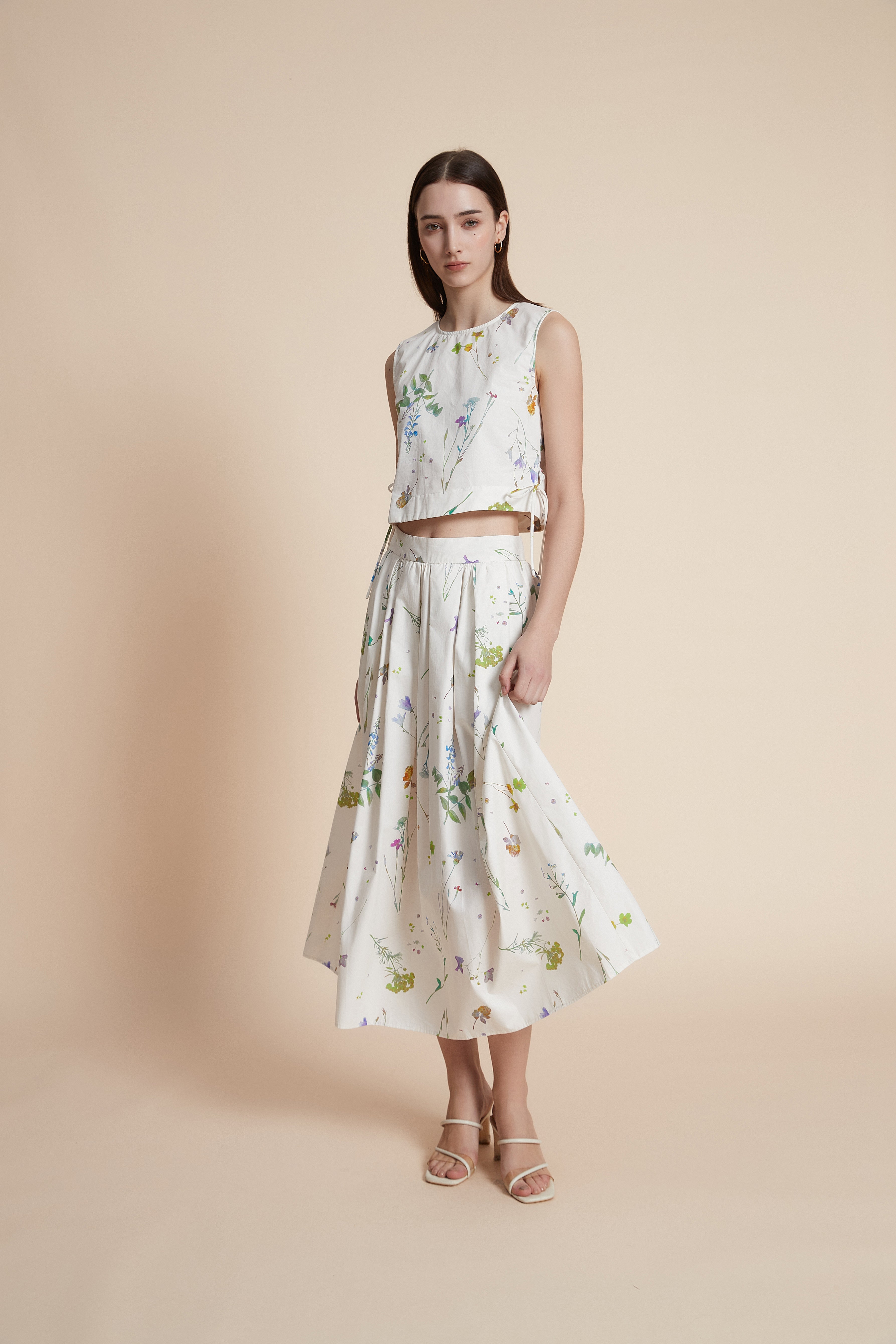 Floral wide-leg midi skirt