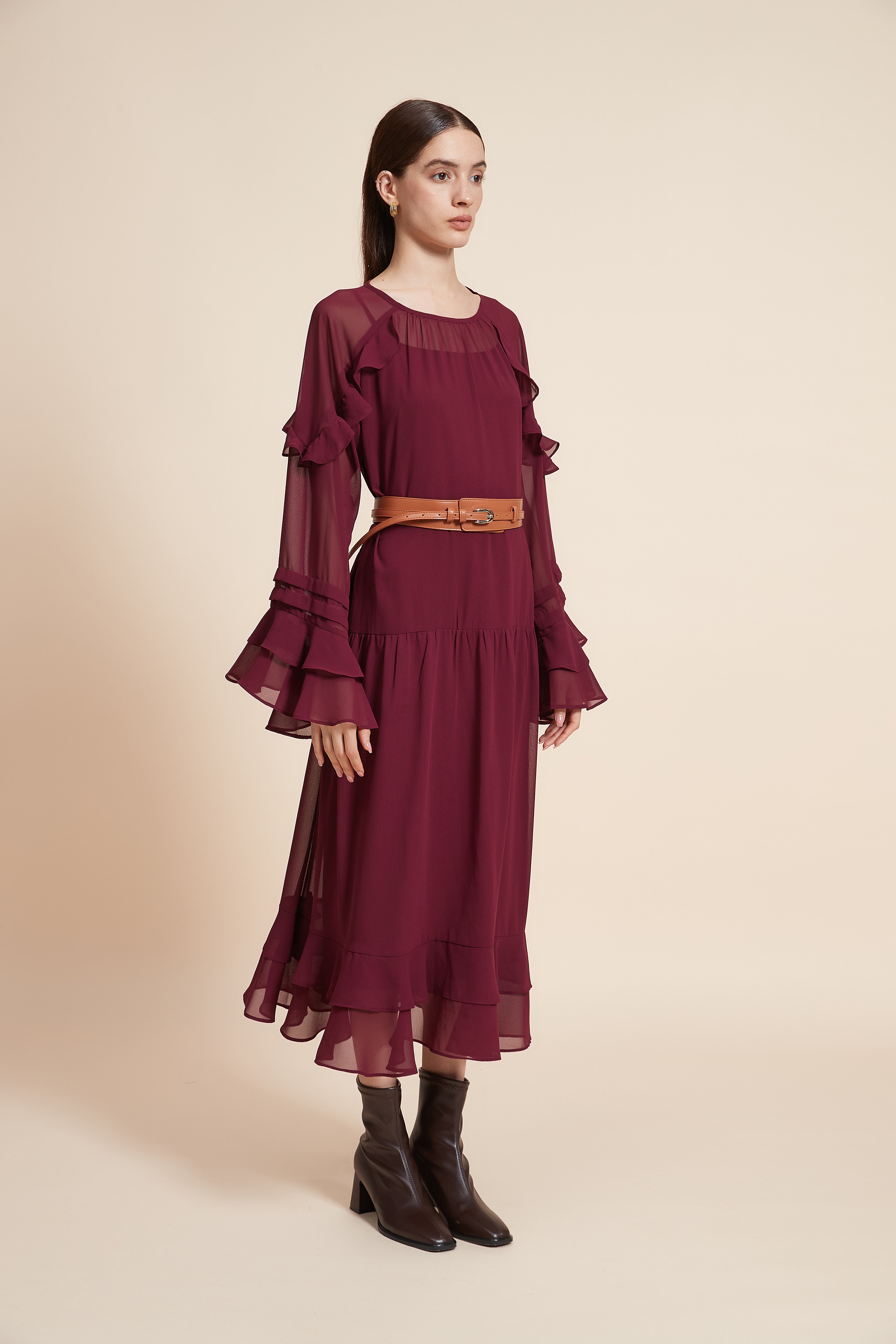Long Sleeve Midi Dress with Waist Belt