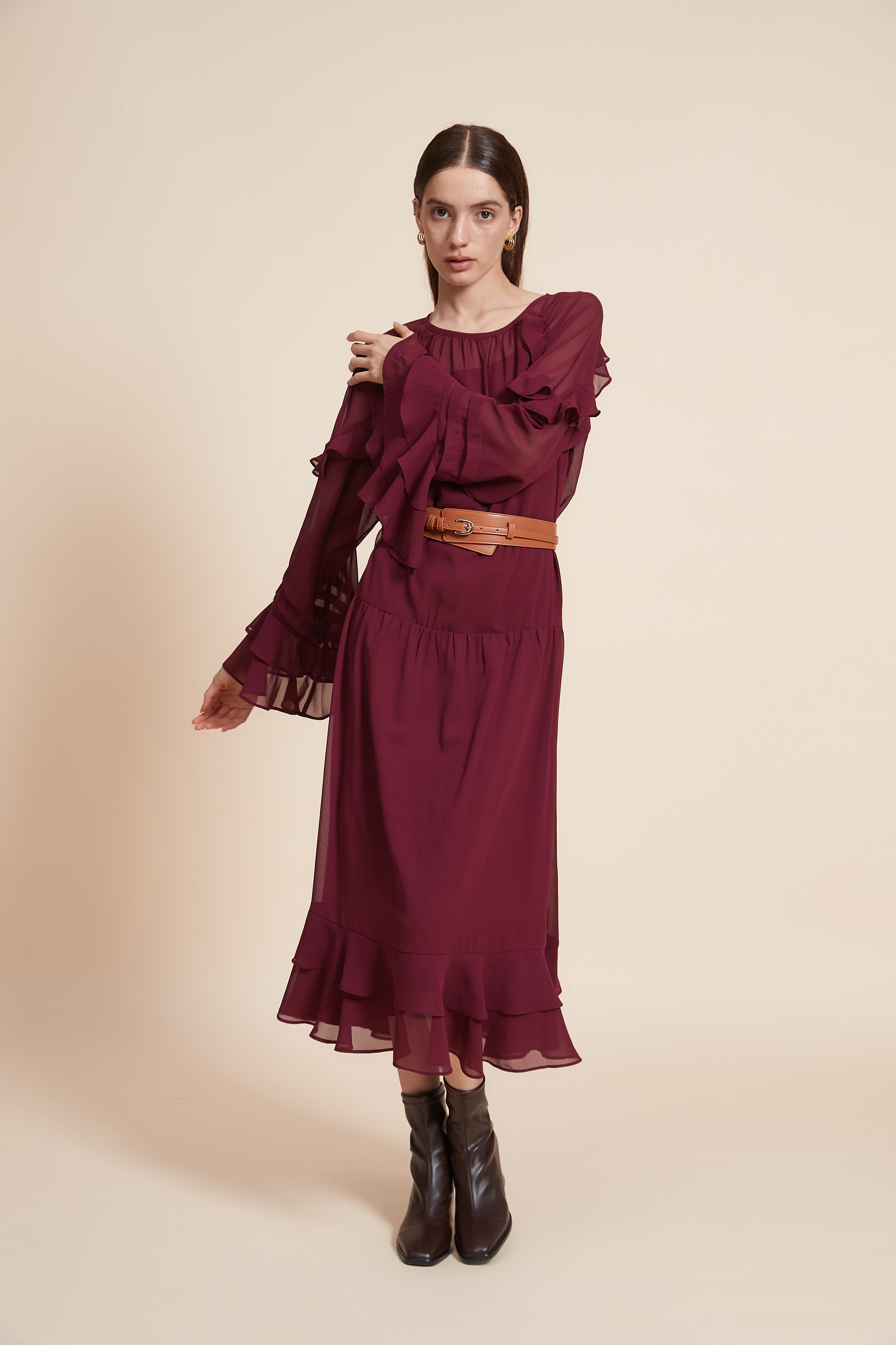 Long Sleeve Midi Dress with Waist Belt