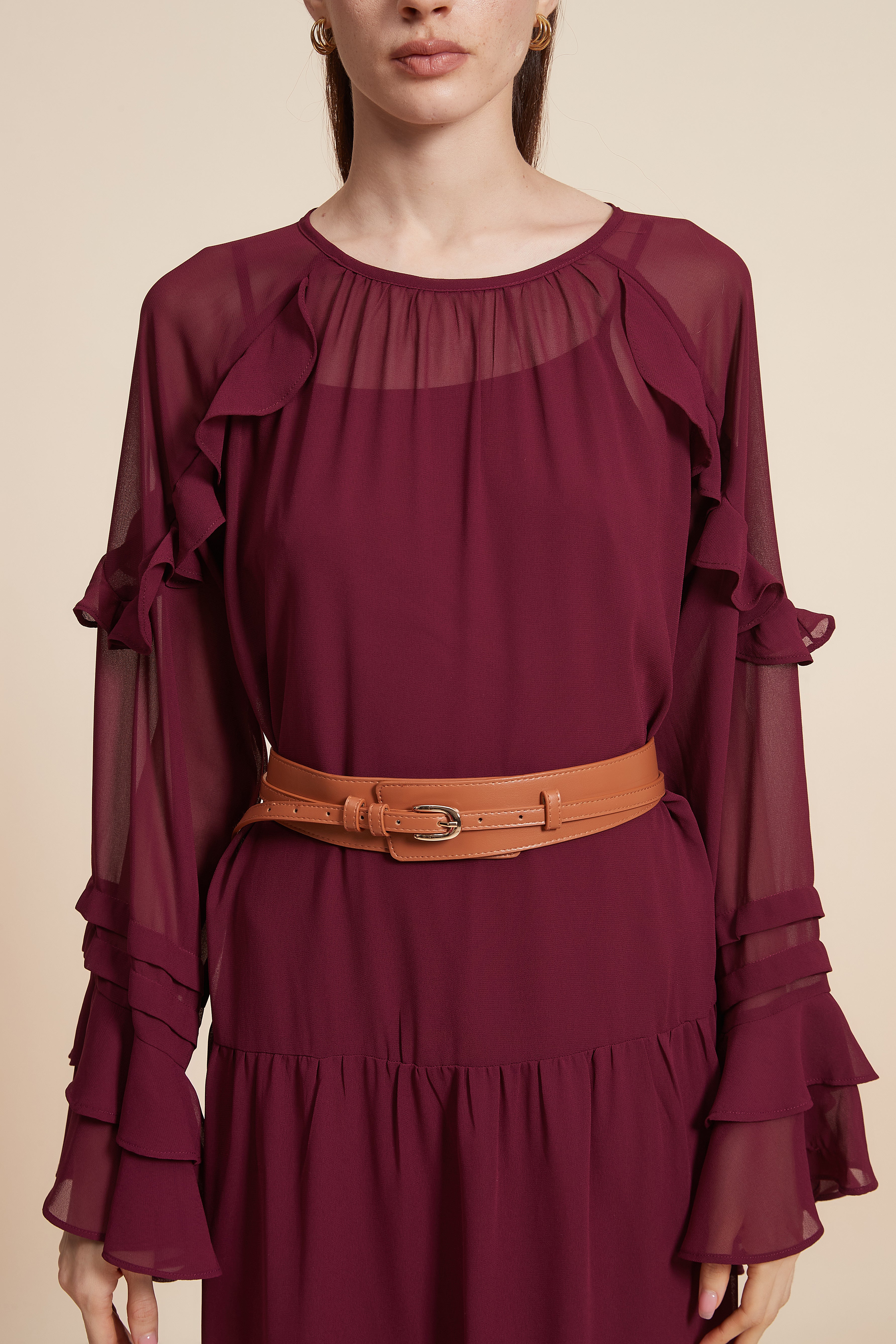 Long Sleeve Midi Dress with Waist Belt