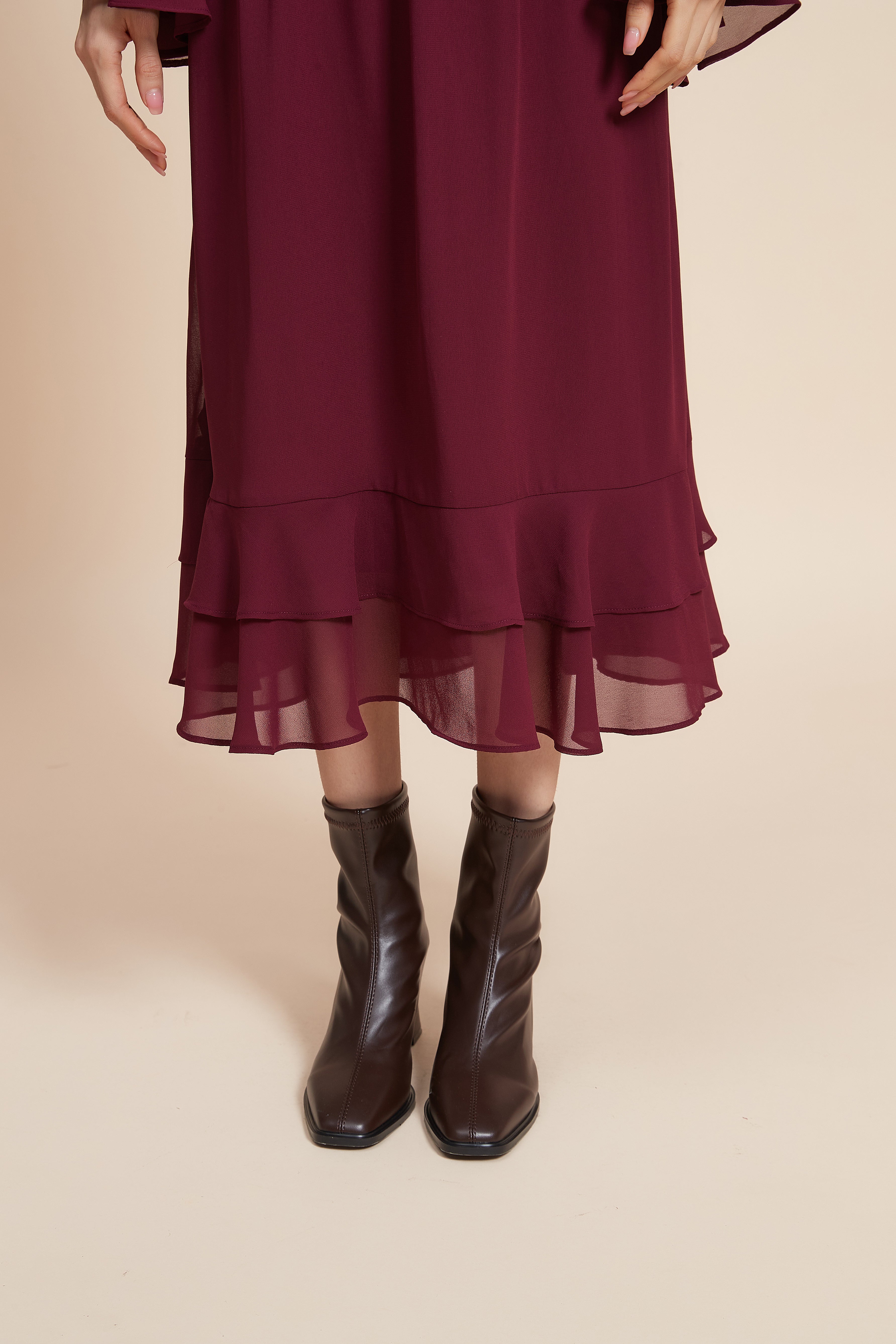Long Sleeve Midi Dress with Waist Belt