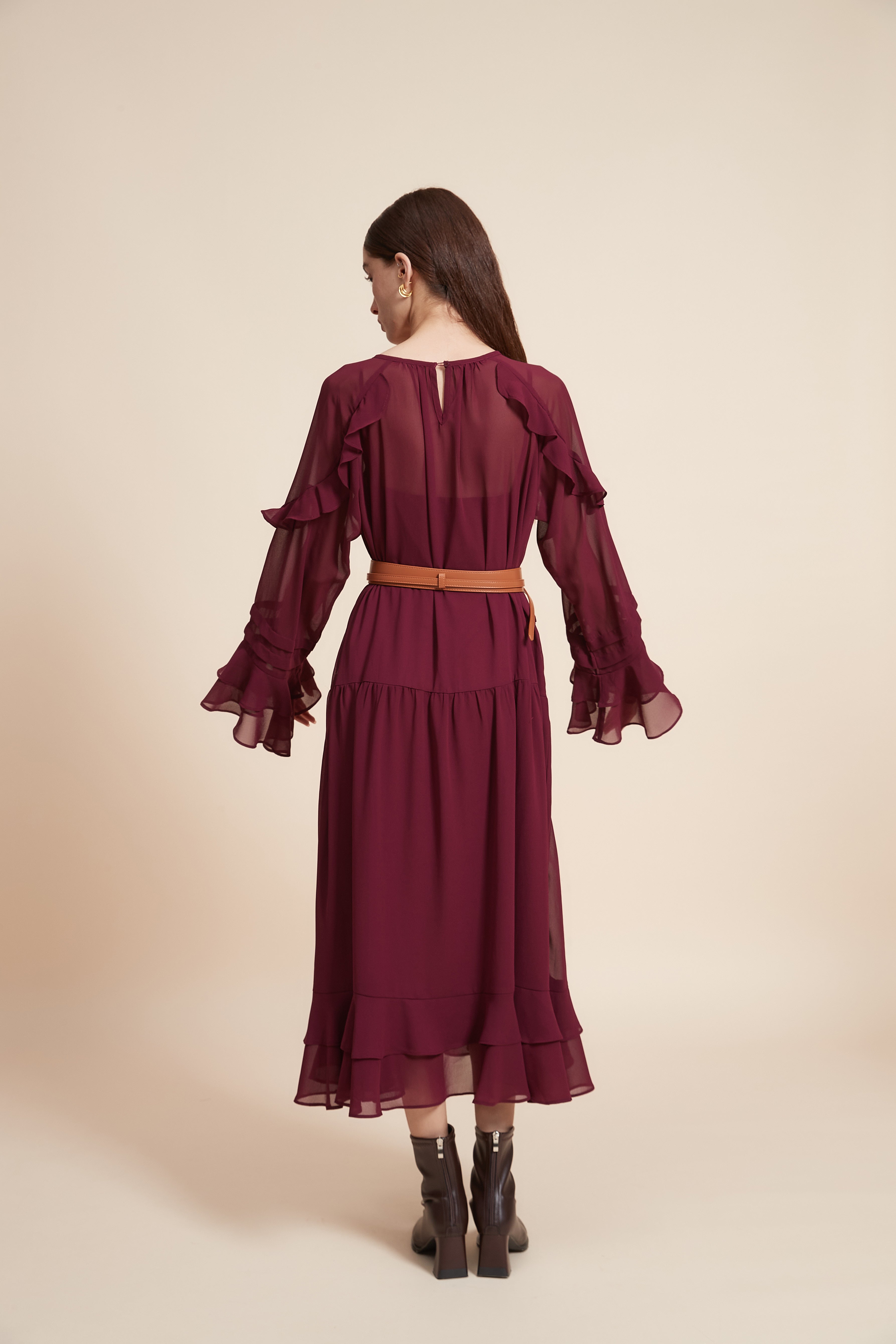Long Sleeve Midi Dress with Waist Belt