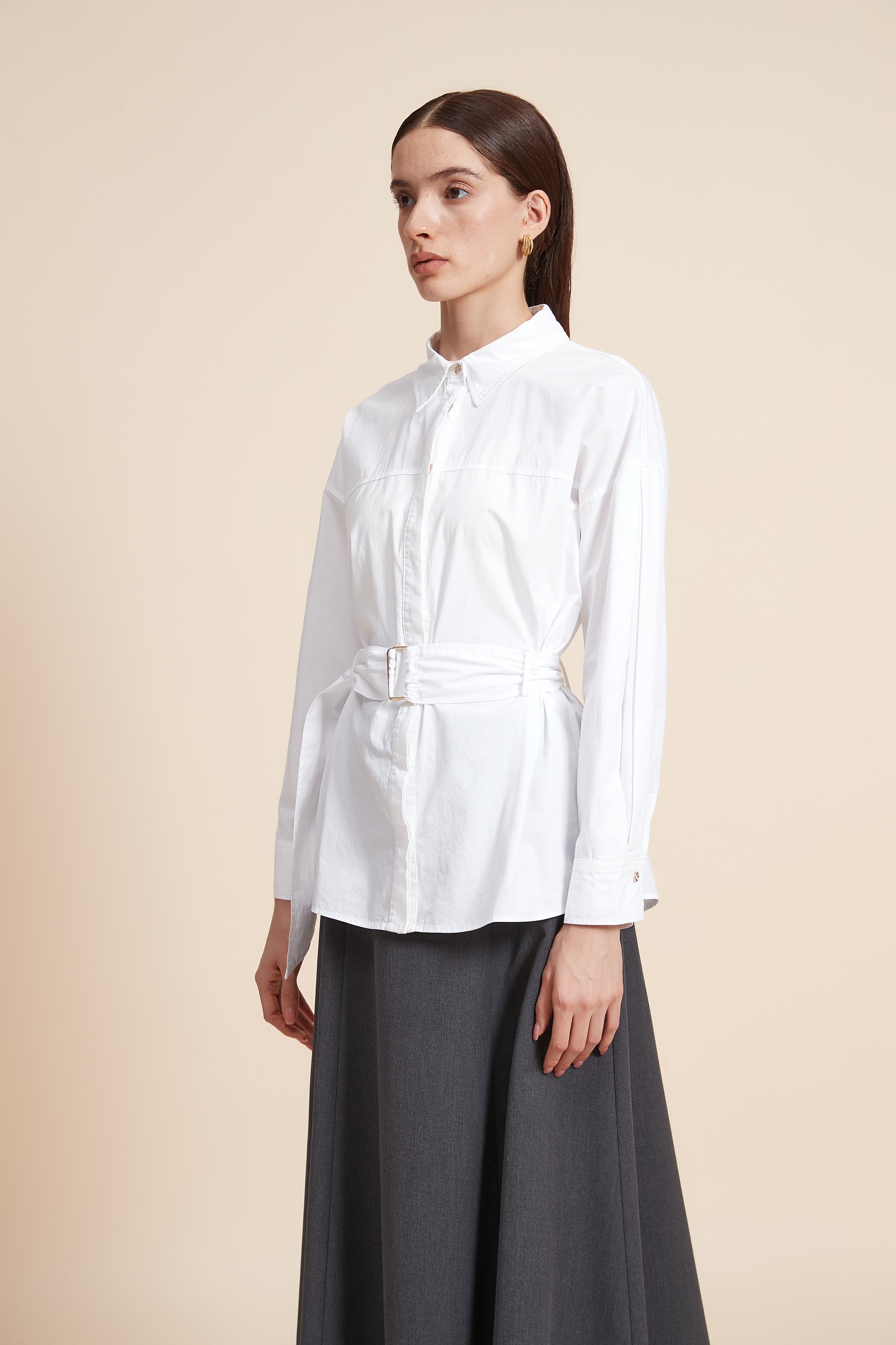 Plain Long Sleeve Blouse with Belt