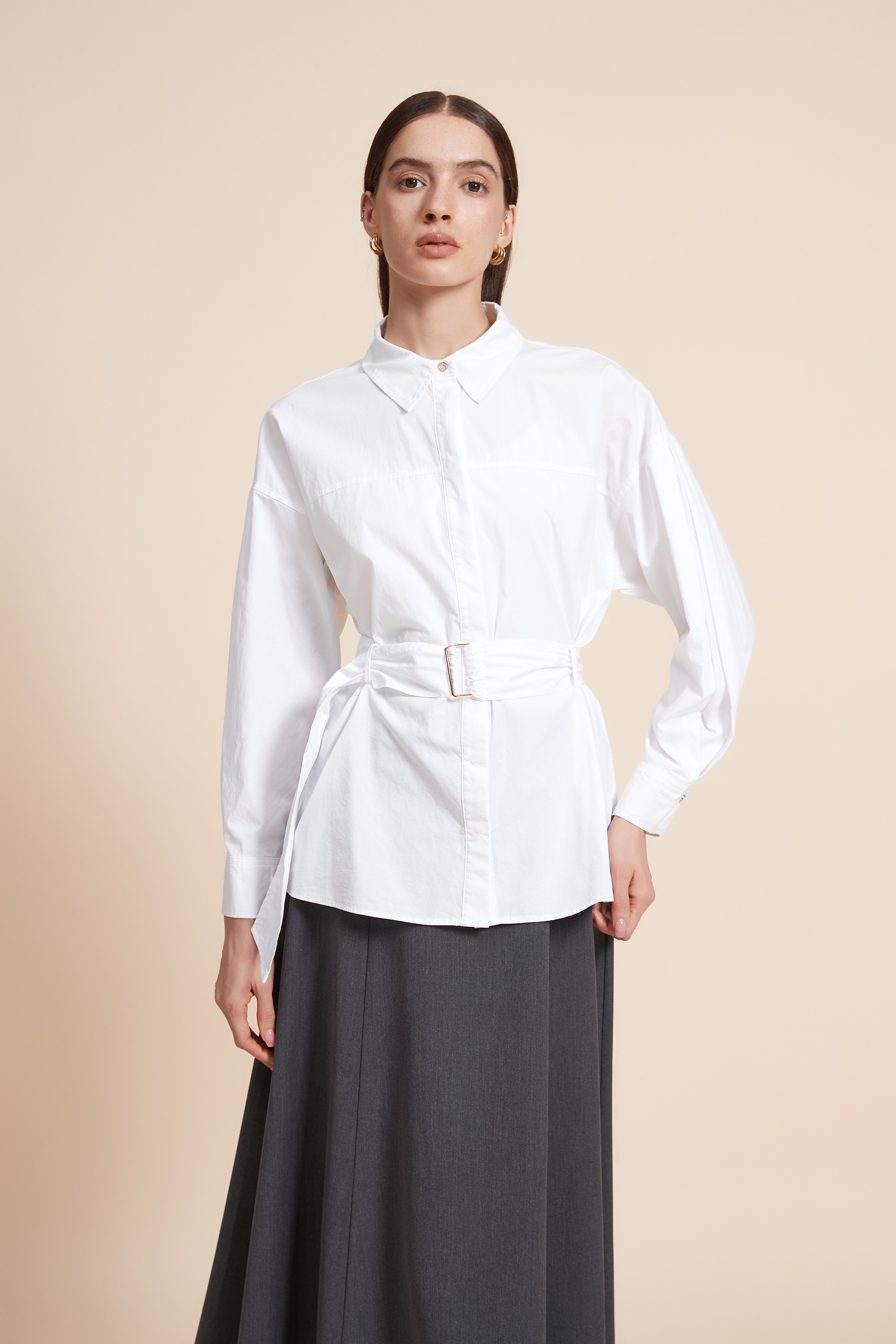Plain Long Sleeve Blouse with Belt
