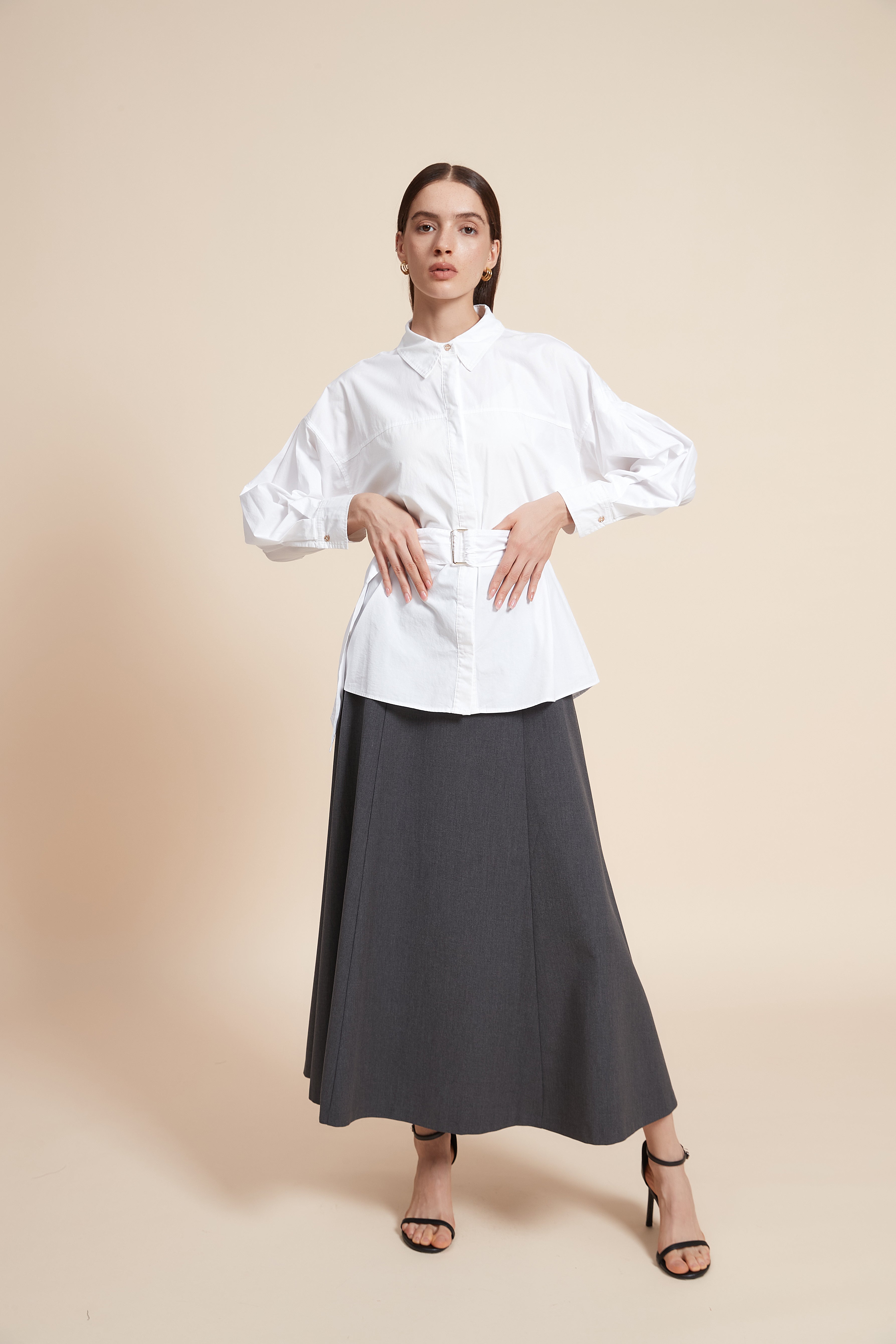 Plain Long Sleeve Blouse with Belt