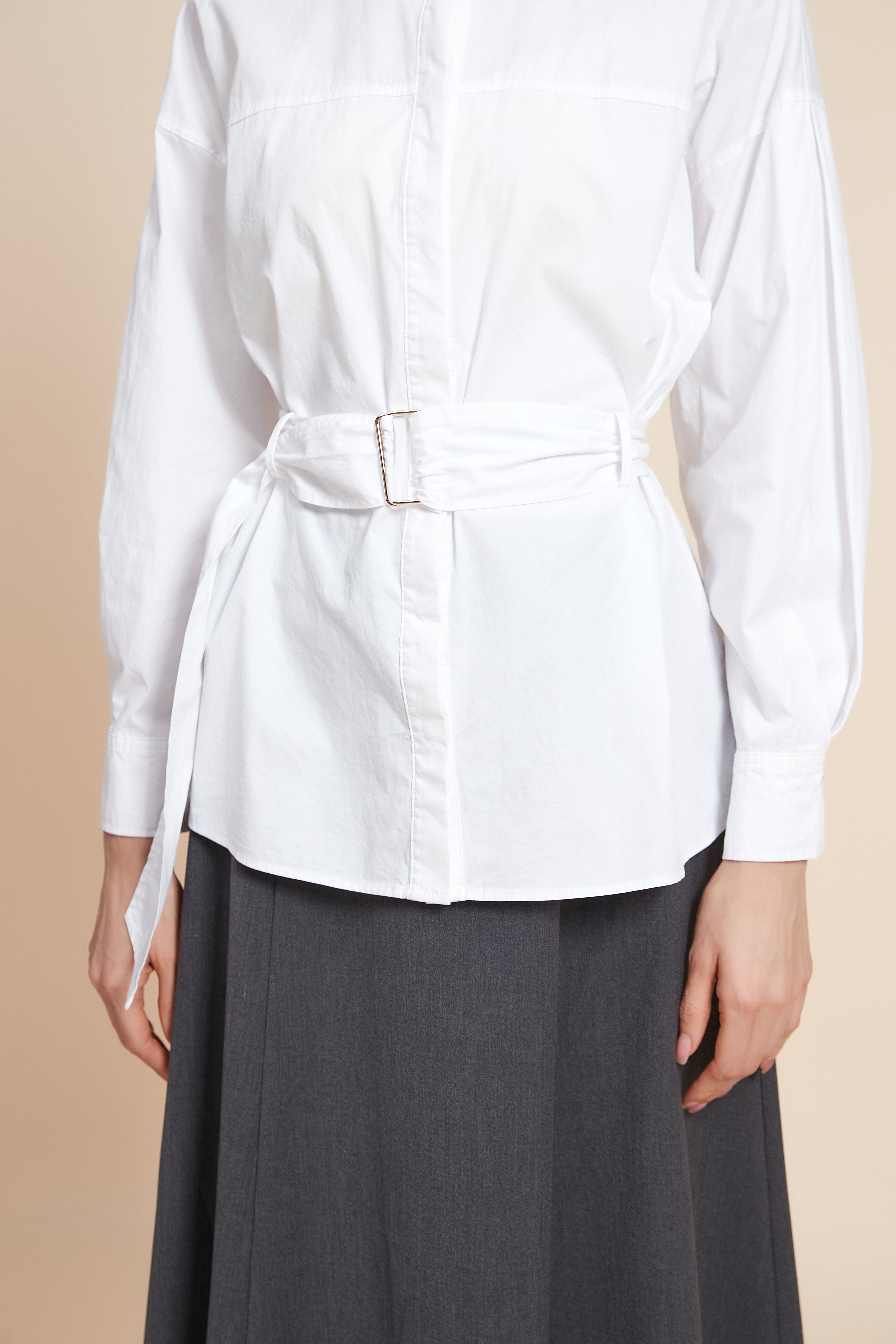 Plain Long Sleeve Blouse with Belt