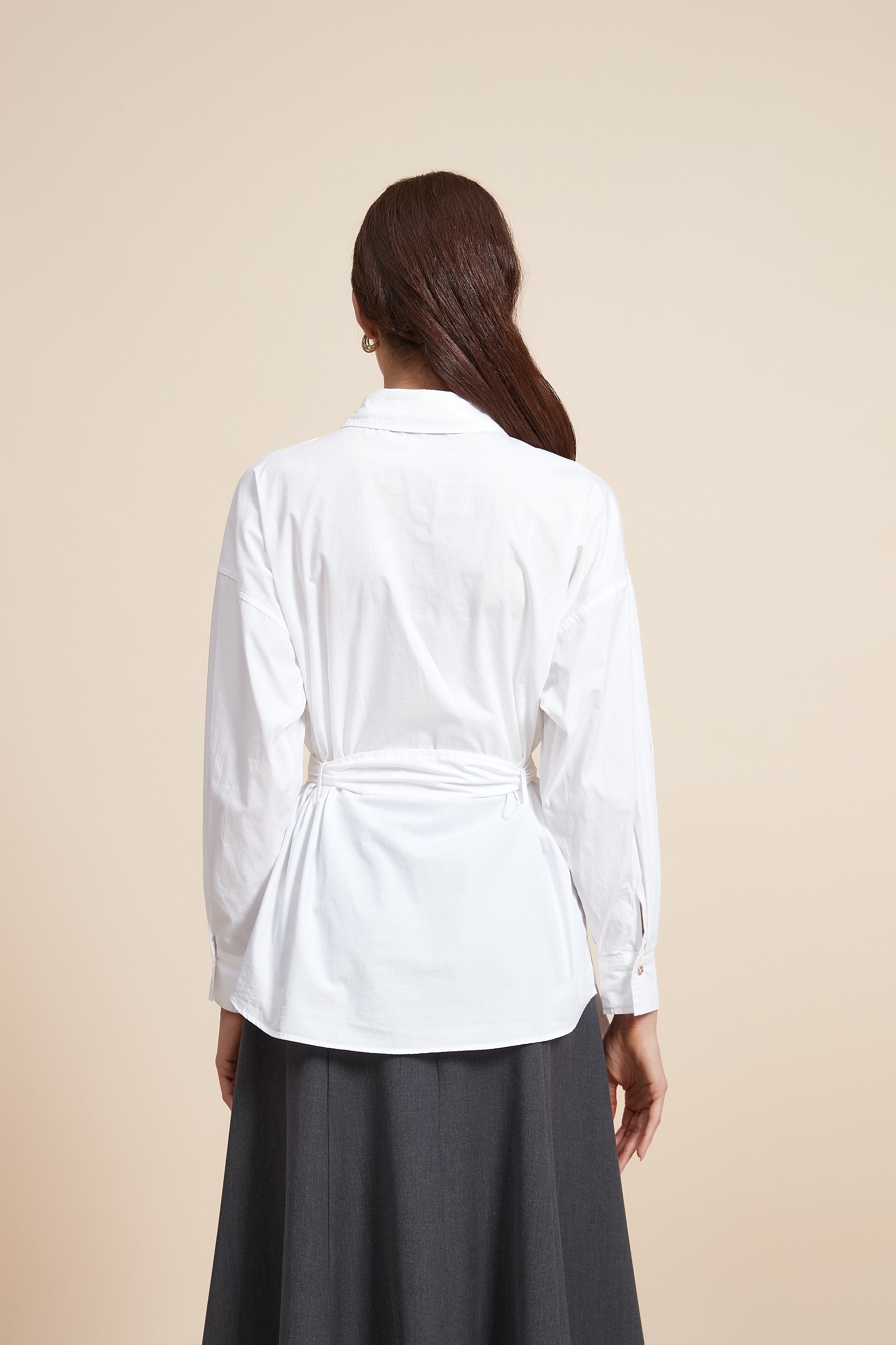 Plain Long Sleeve Blouse with Belt