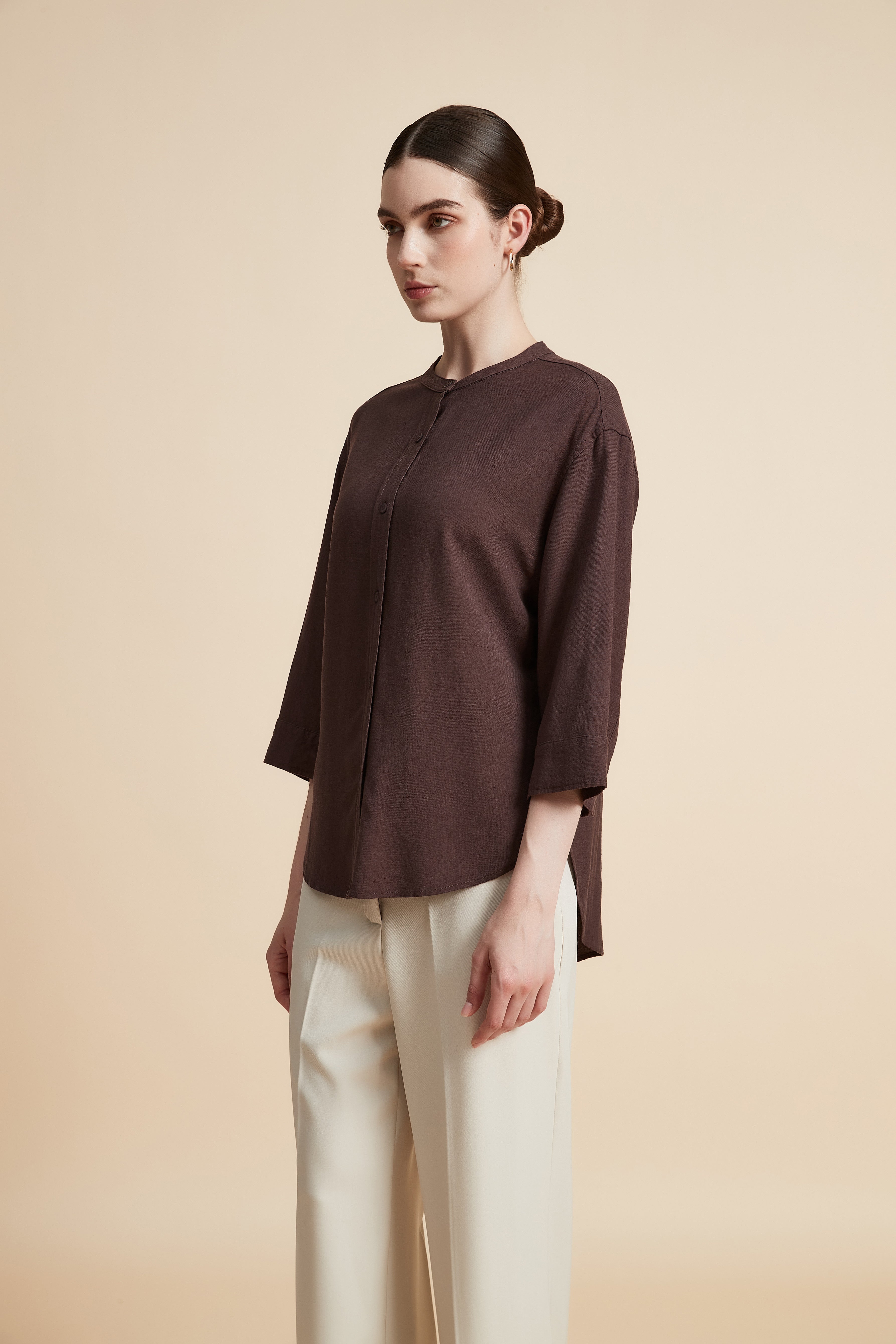 Solid 3/4 Sleeve Blouse with Front Buttons