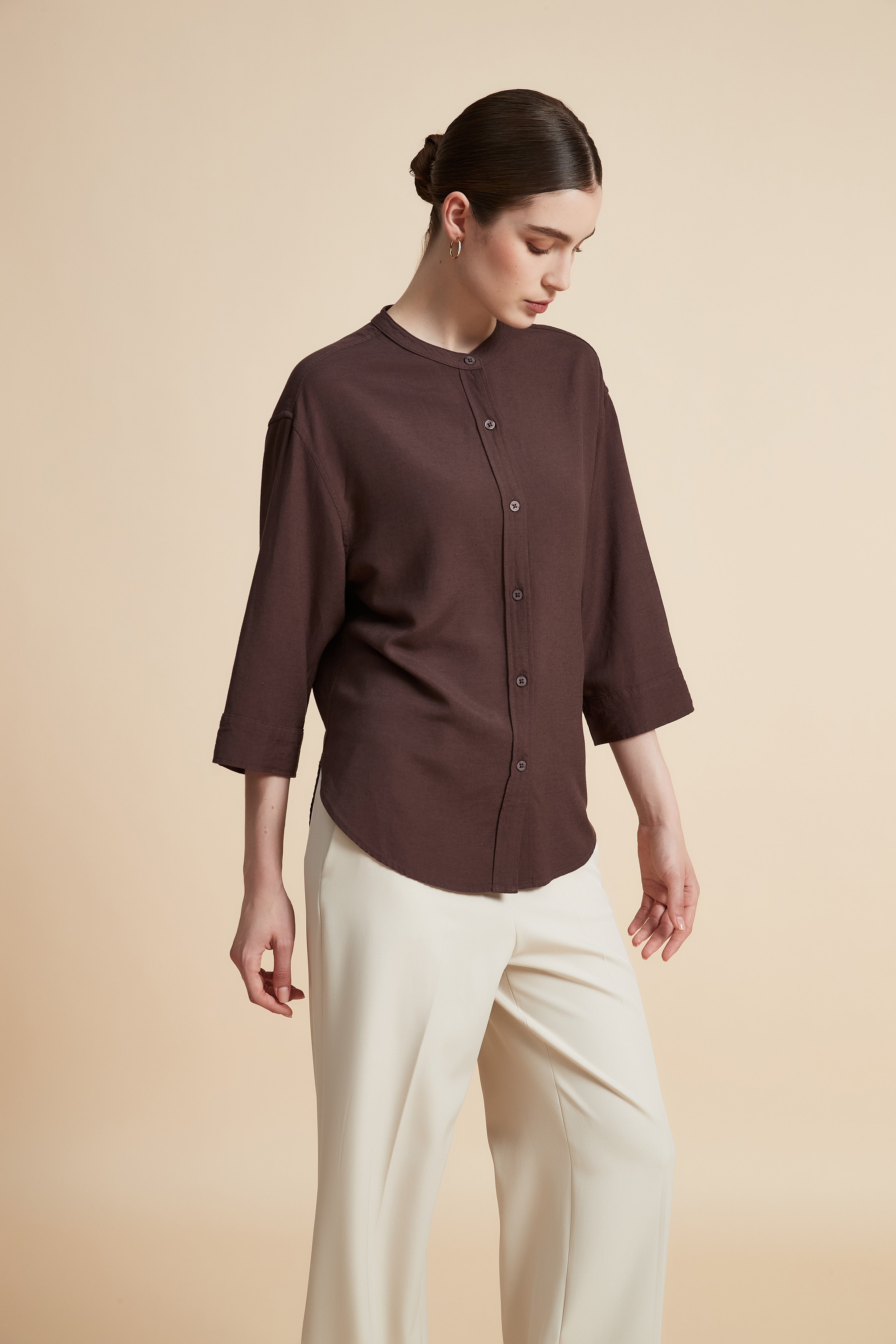 Solid 3/4 Sleeve Blouse with Front Buttons
