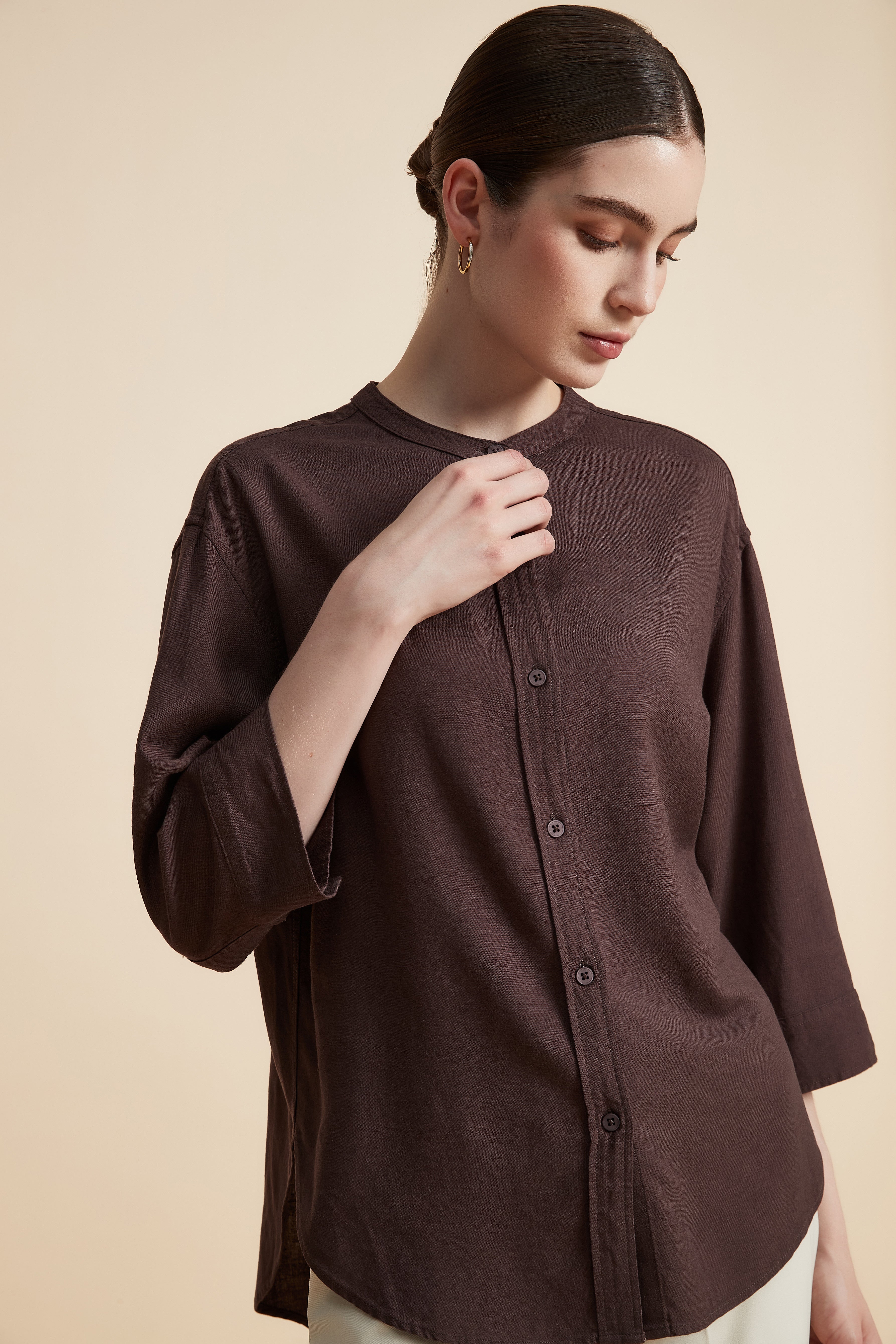 Solid 3/4 Sleeve Blouse with Front Buttons