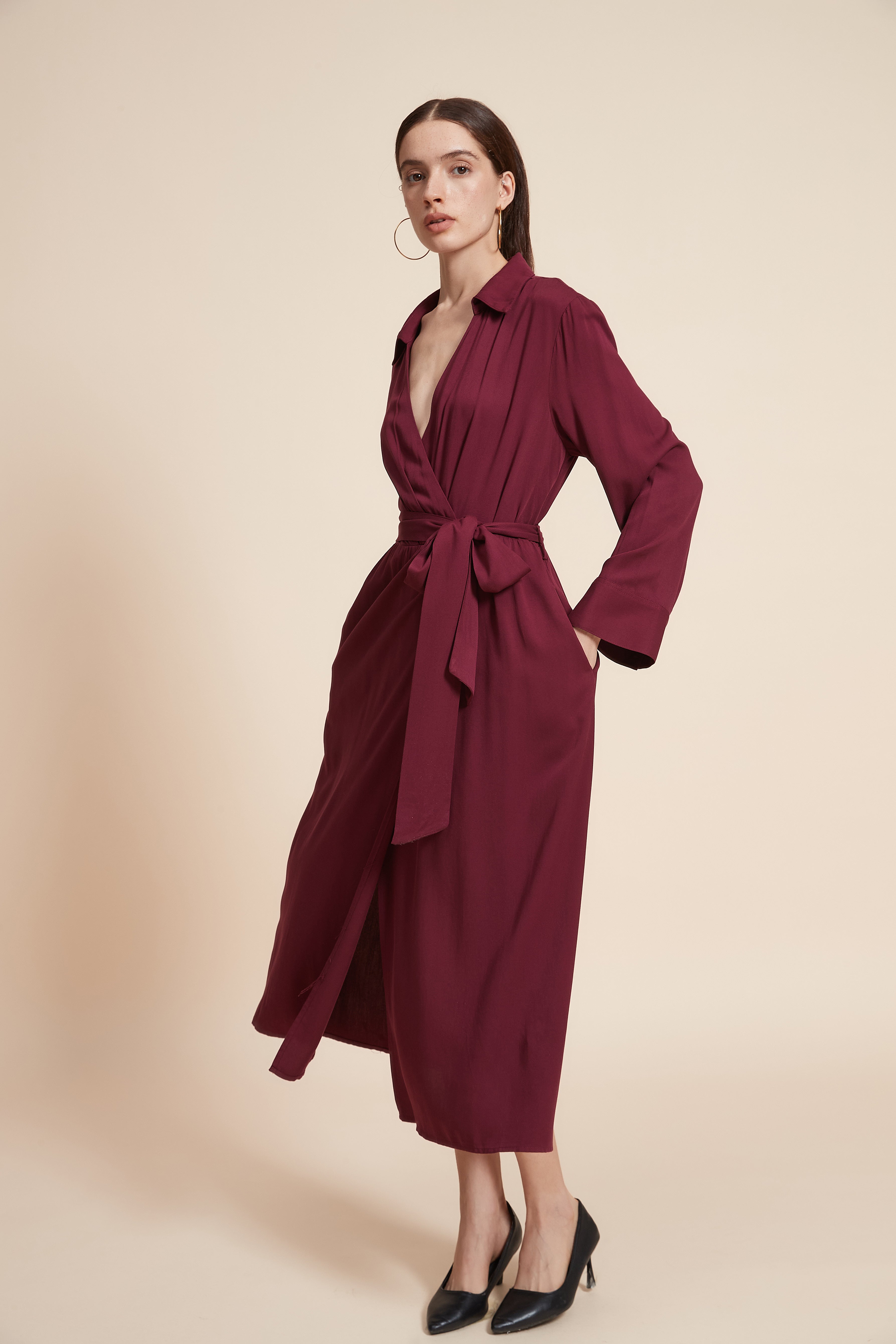 Plain Long Sleeve Midi Dress with Waist Belt