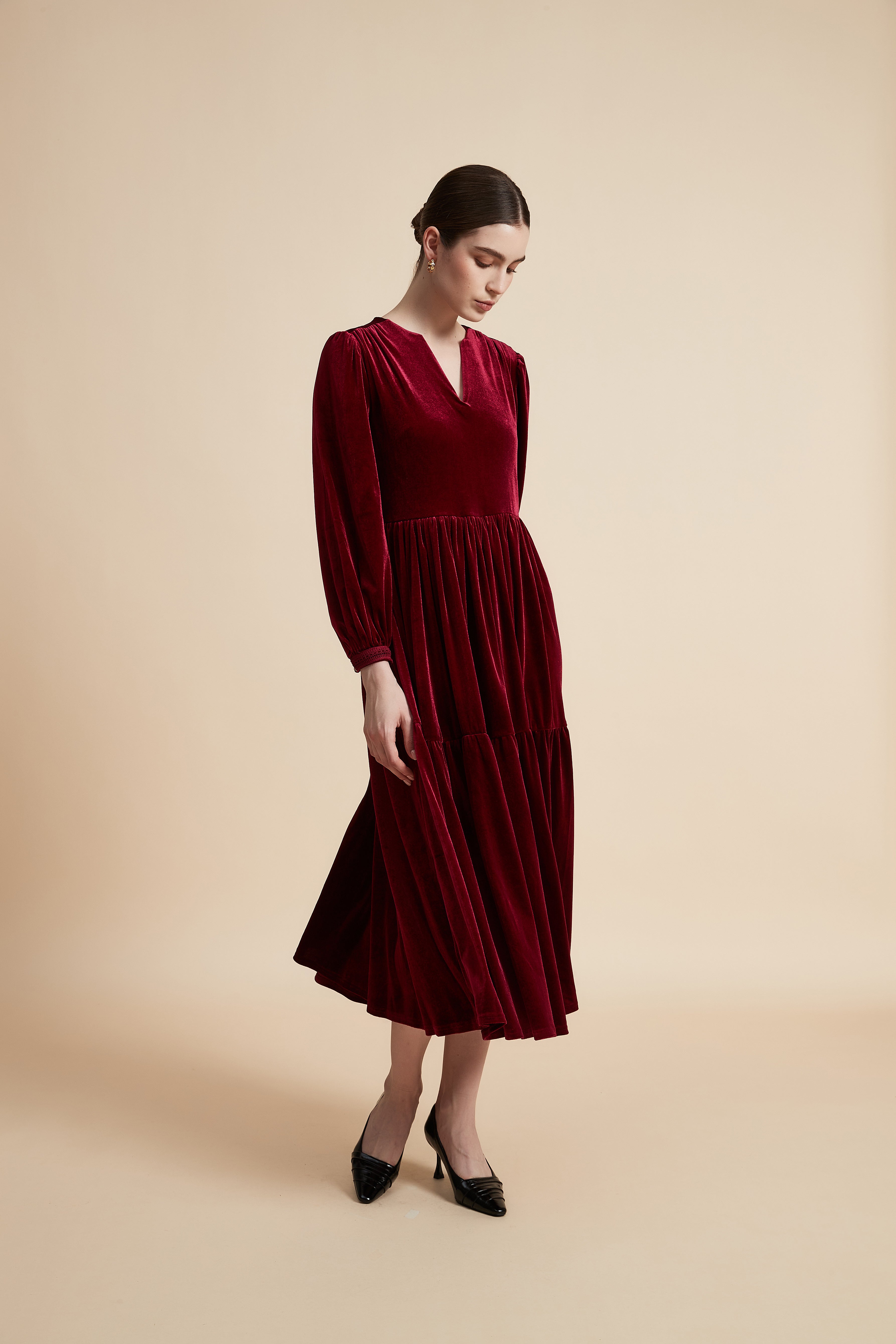 Solid Ruffled Long Sleeve Midi Dress