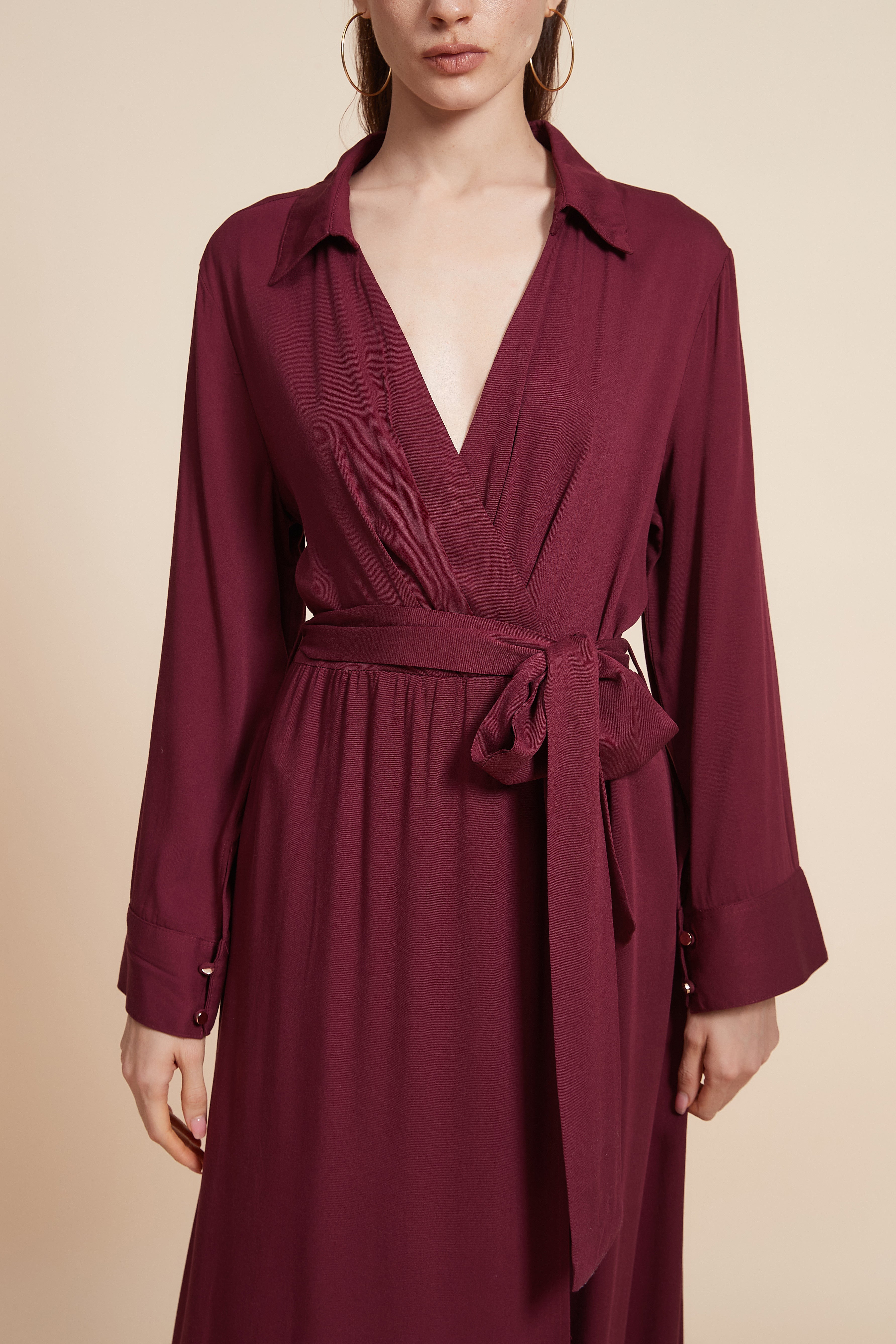 Plain Long Sleeve Midi Dress with Waist Belt