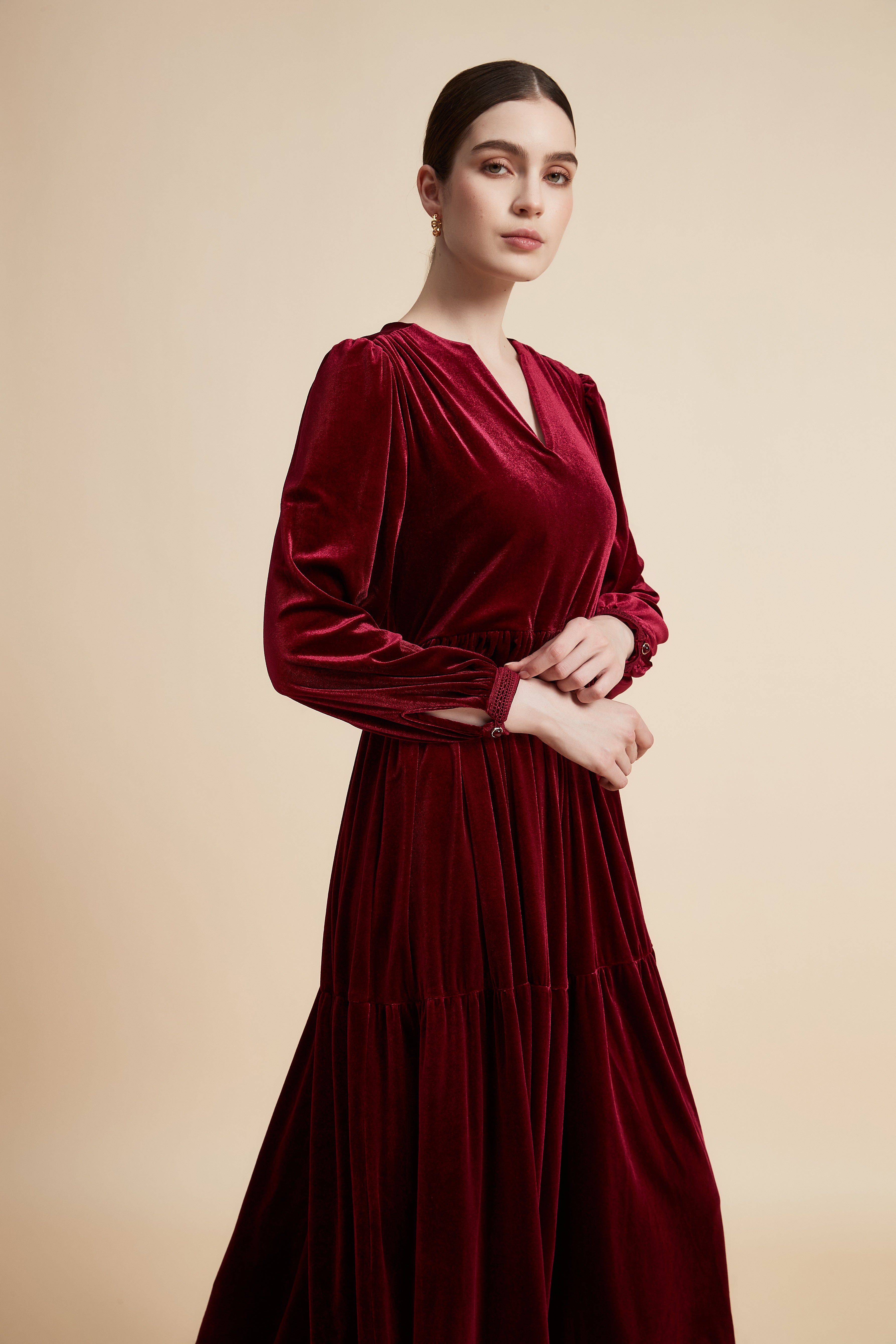Solid Ruffled Long Sleeve Midi Dress