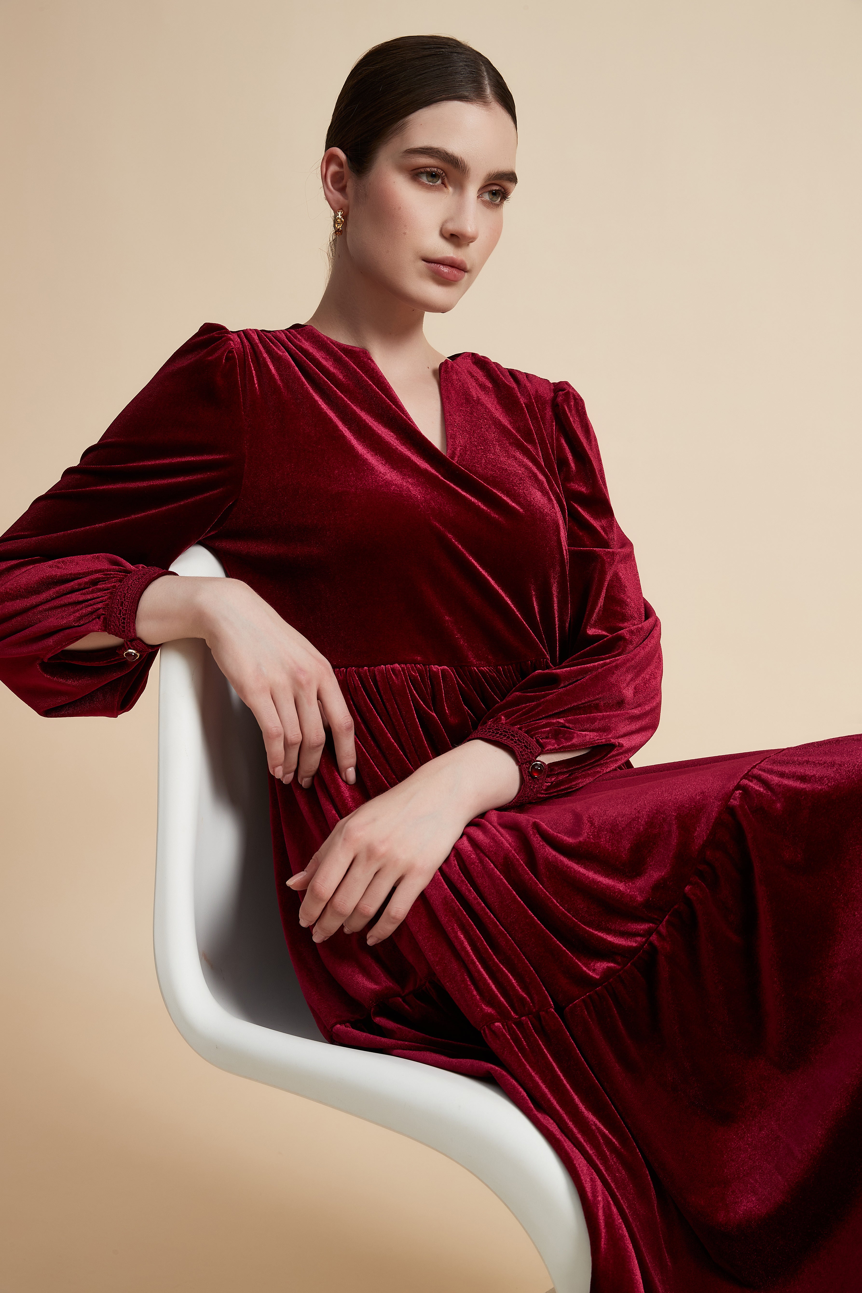 Solid Ruffled Long Sleeve Midi Dress