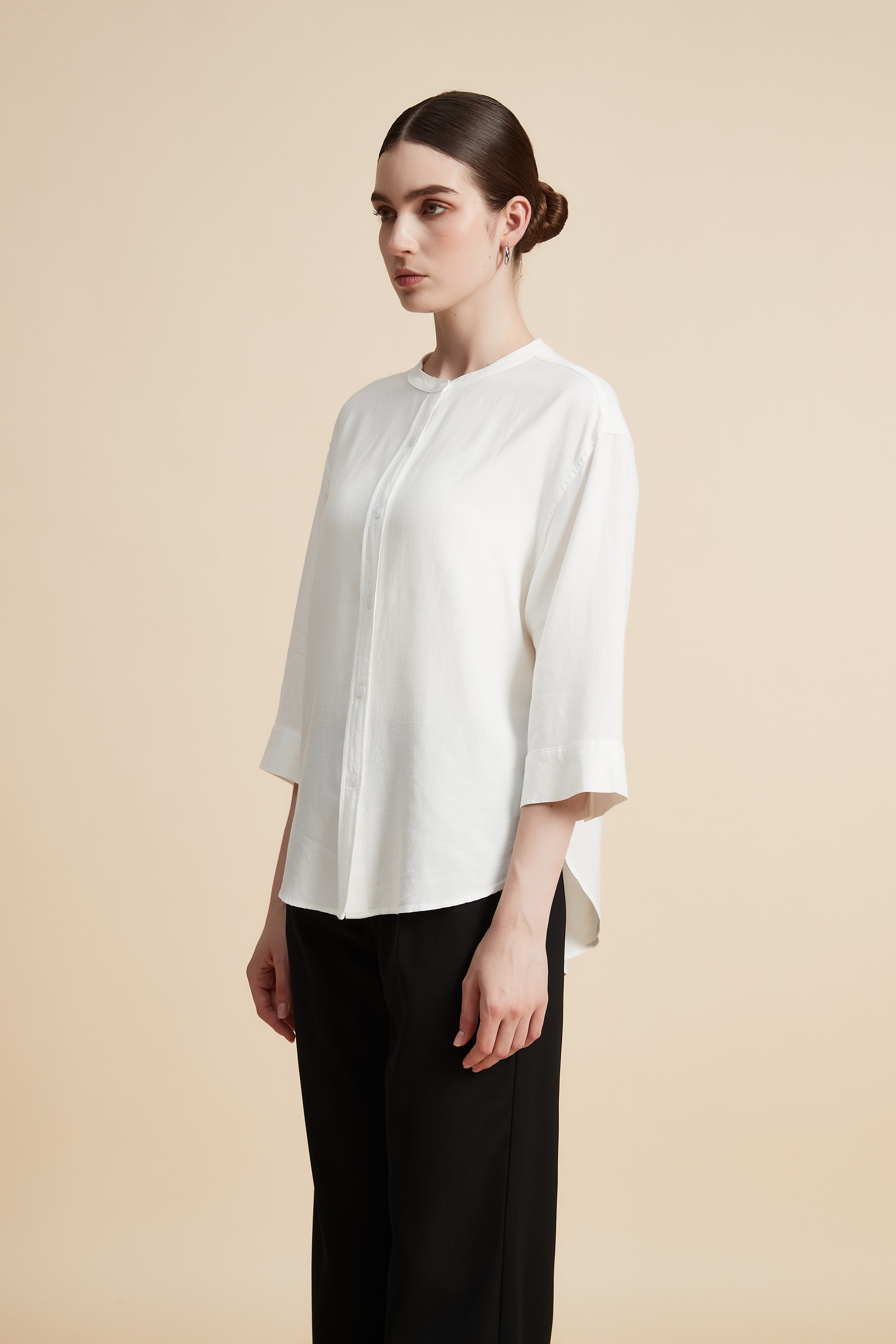 Solid 3/4 Sleeve Blouse with Front Buttons