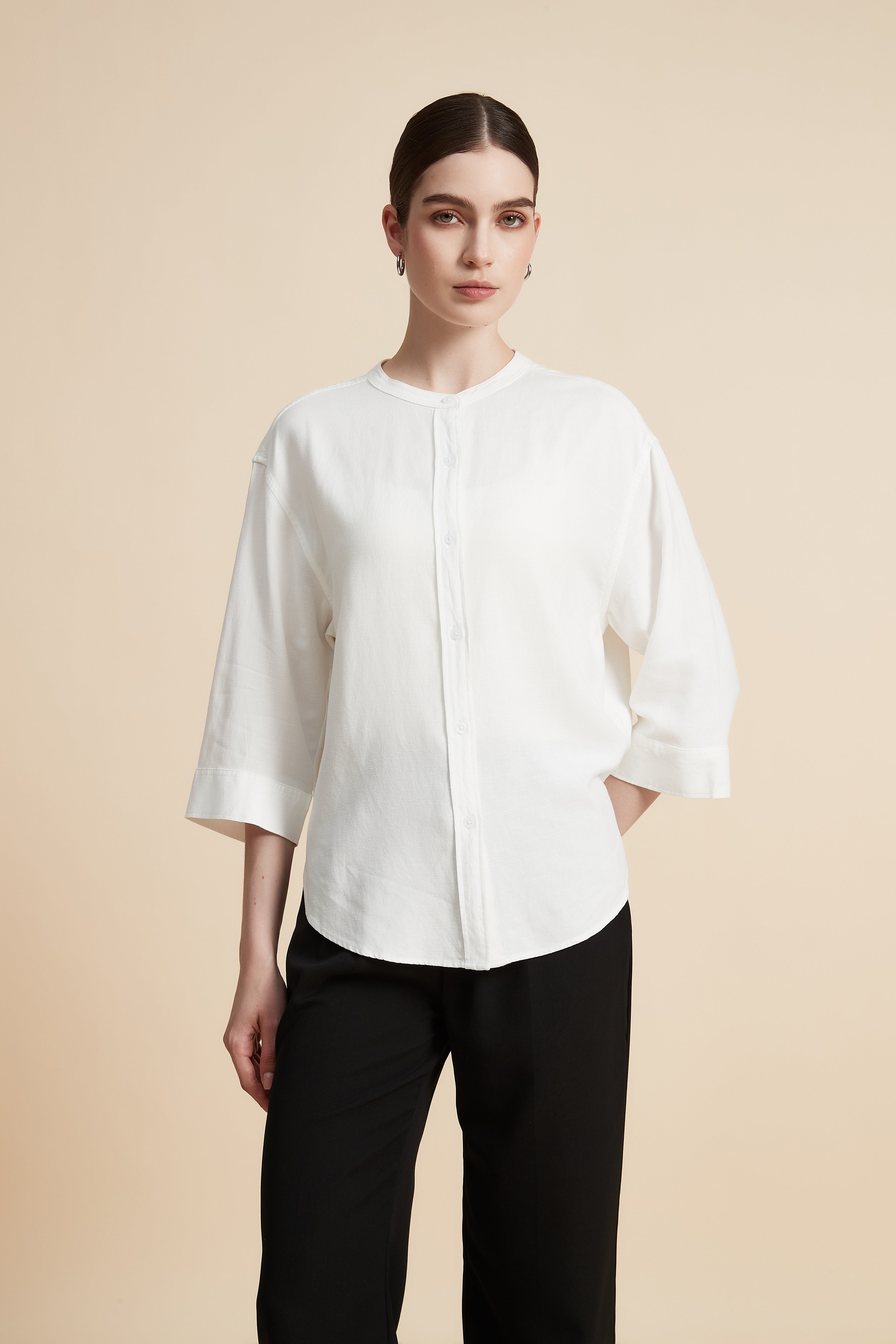 Solid 3/4 Sleeve Blouse with Front Buttons