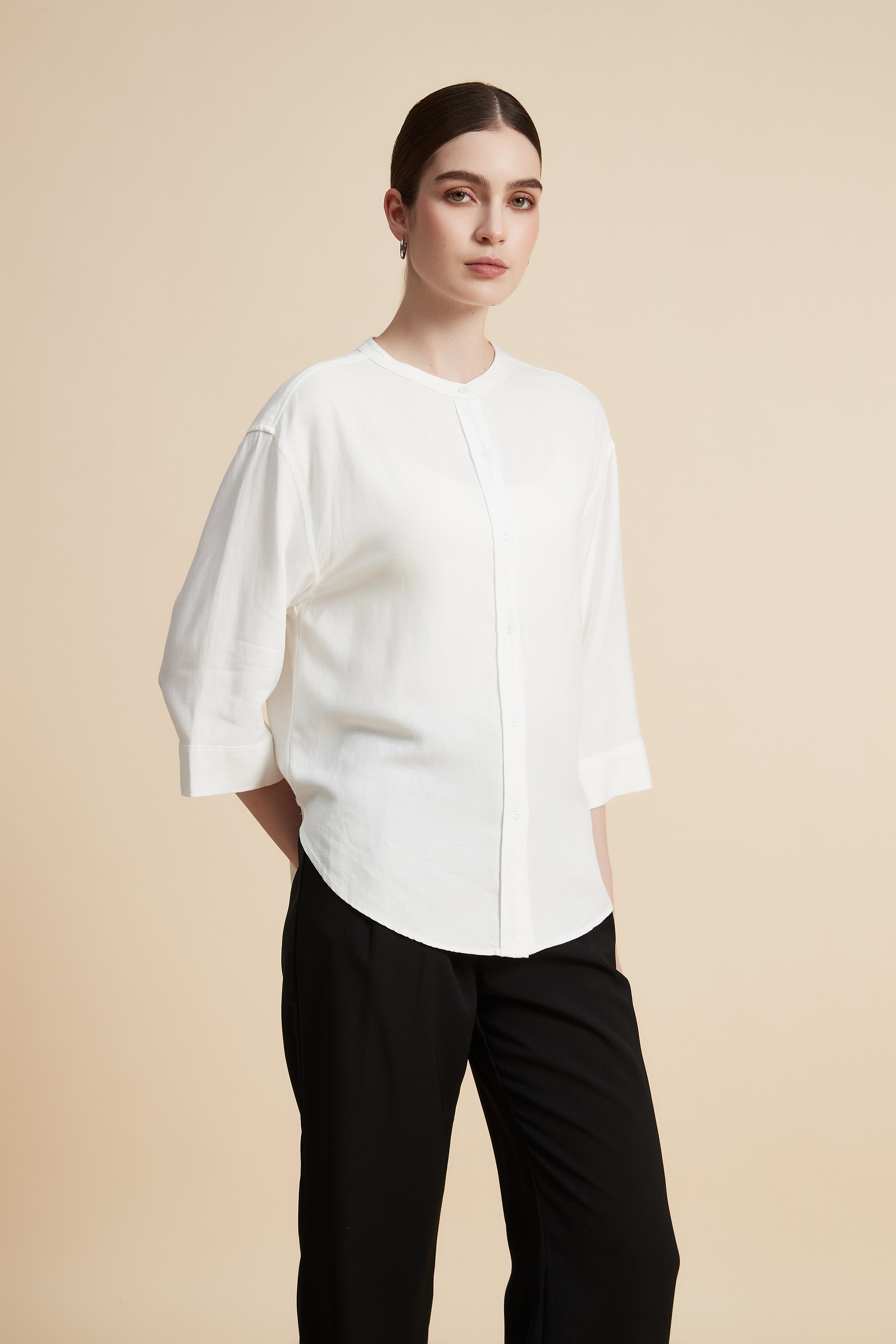 Solid 3/4 Sleeve Blouse with Front Buttons