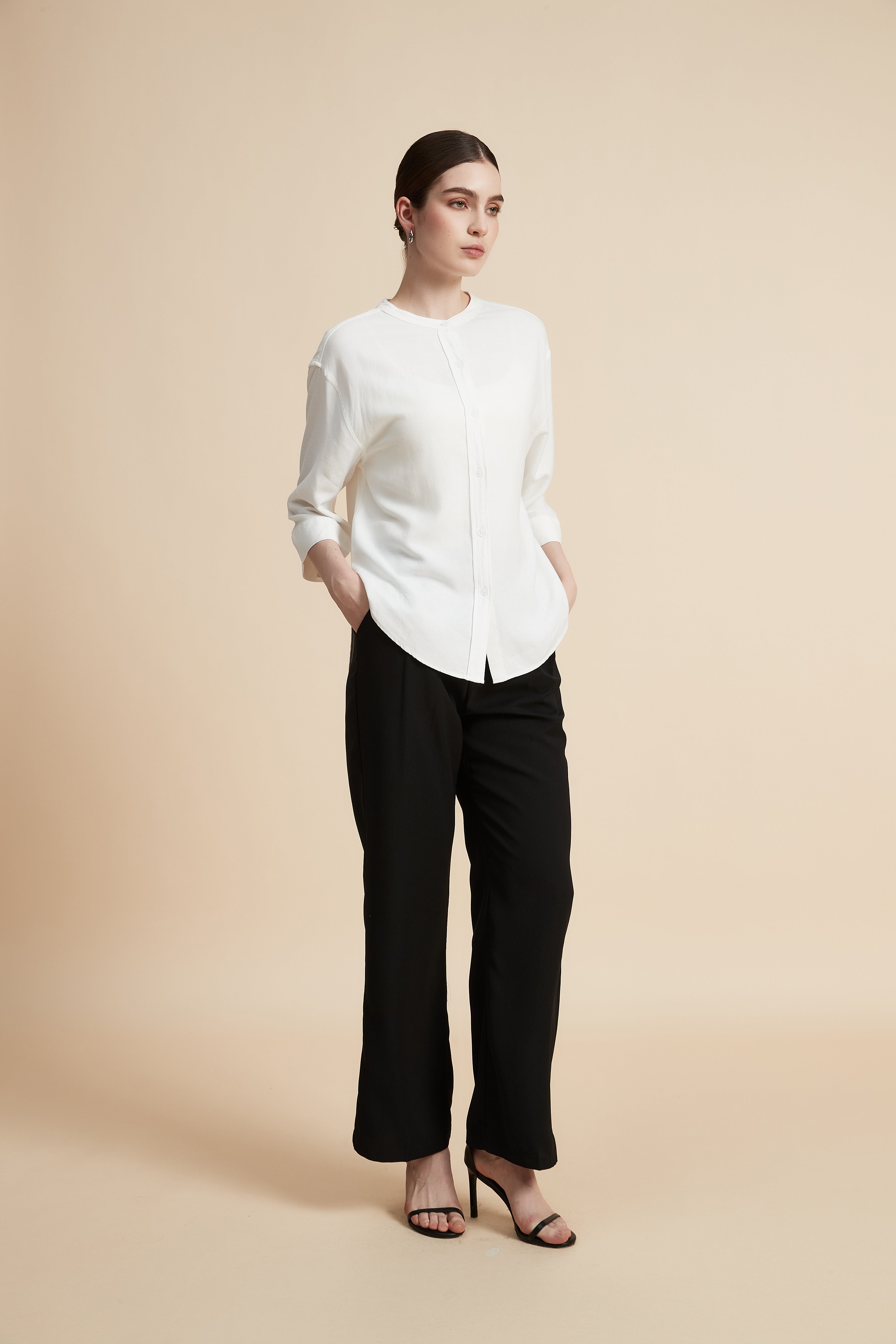 Solid 3/4 Sleeve Blouse with Front Buttons