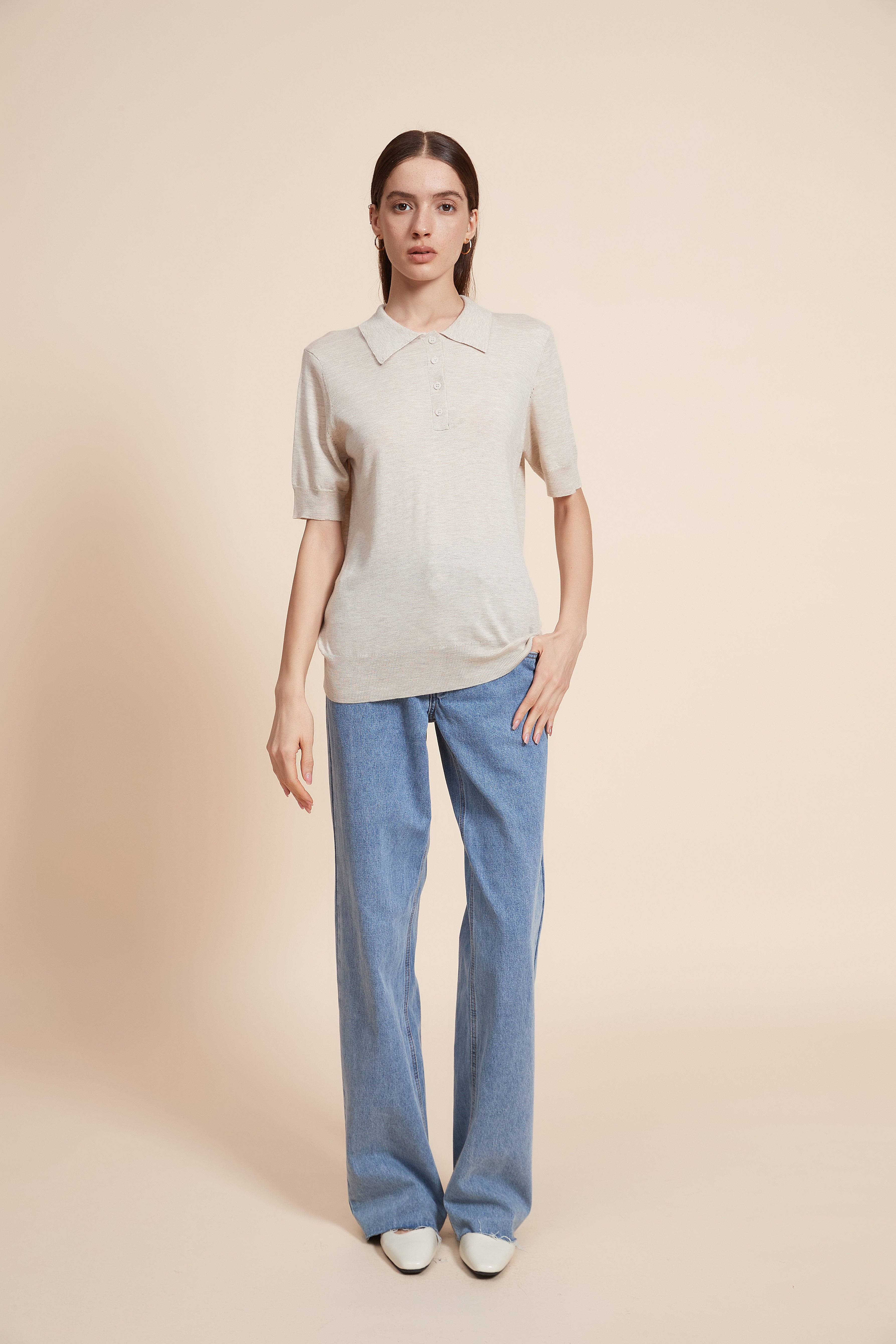 Plain Half Sleeve Blouse With Polo Collar