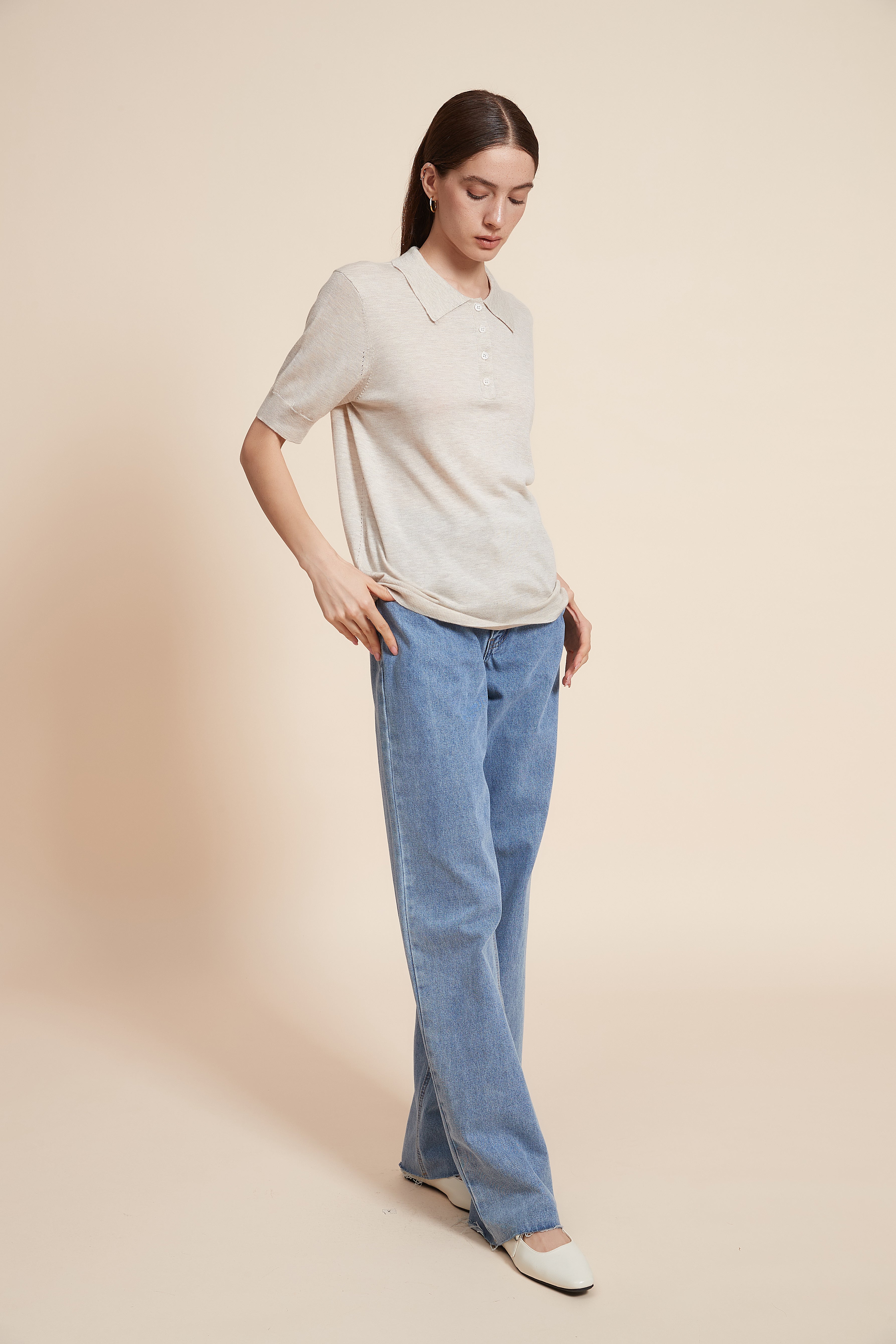 Plain Half Sleeve Blouse With Polo Collar