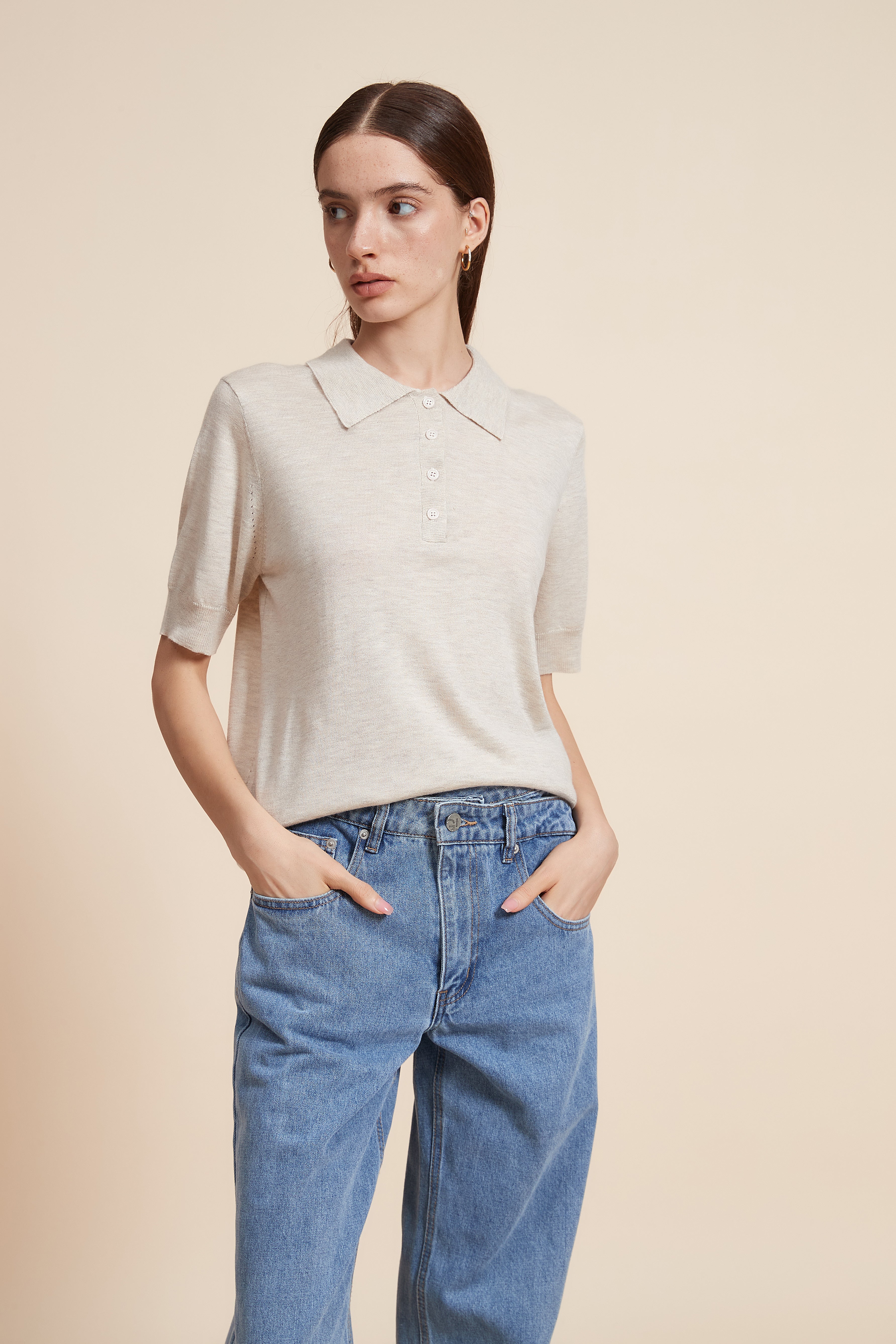 Plain Half Sleeve Blouse With Polo Collar