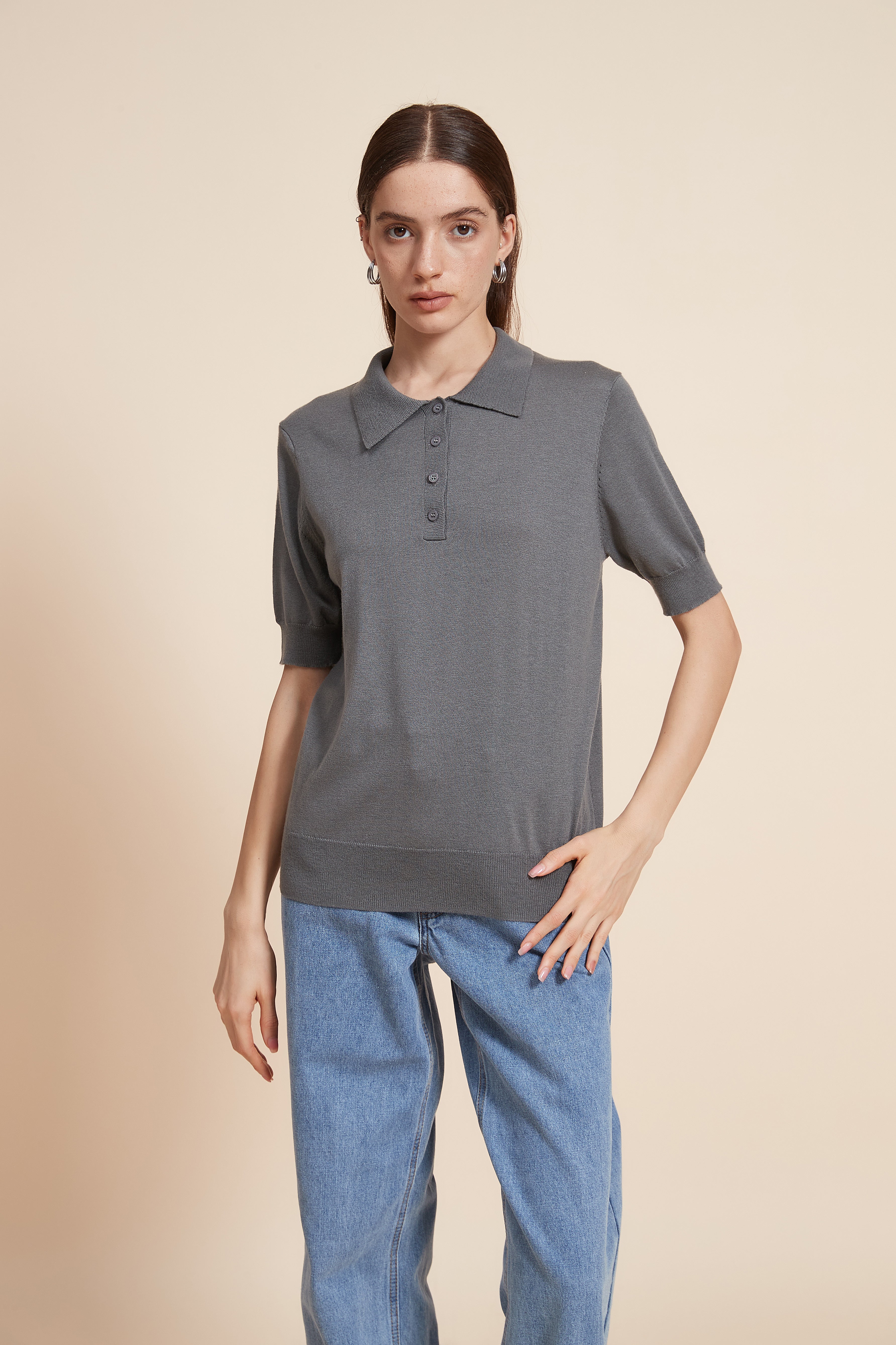 Plain Half Sleeve Blouse With Polo Collar