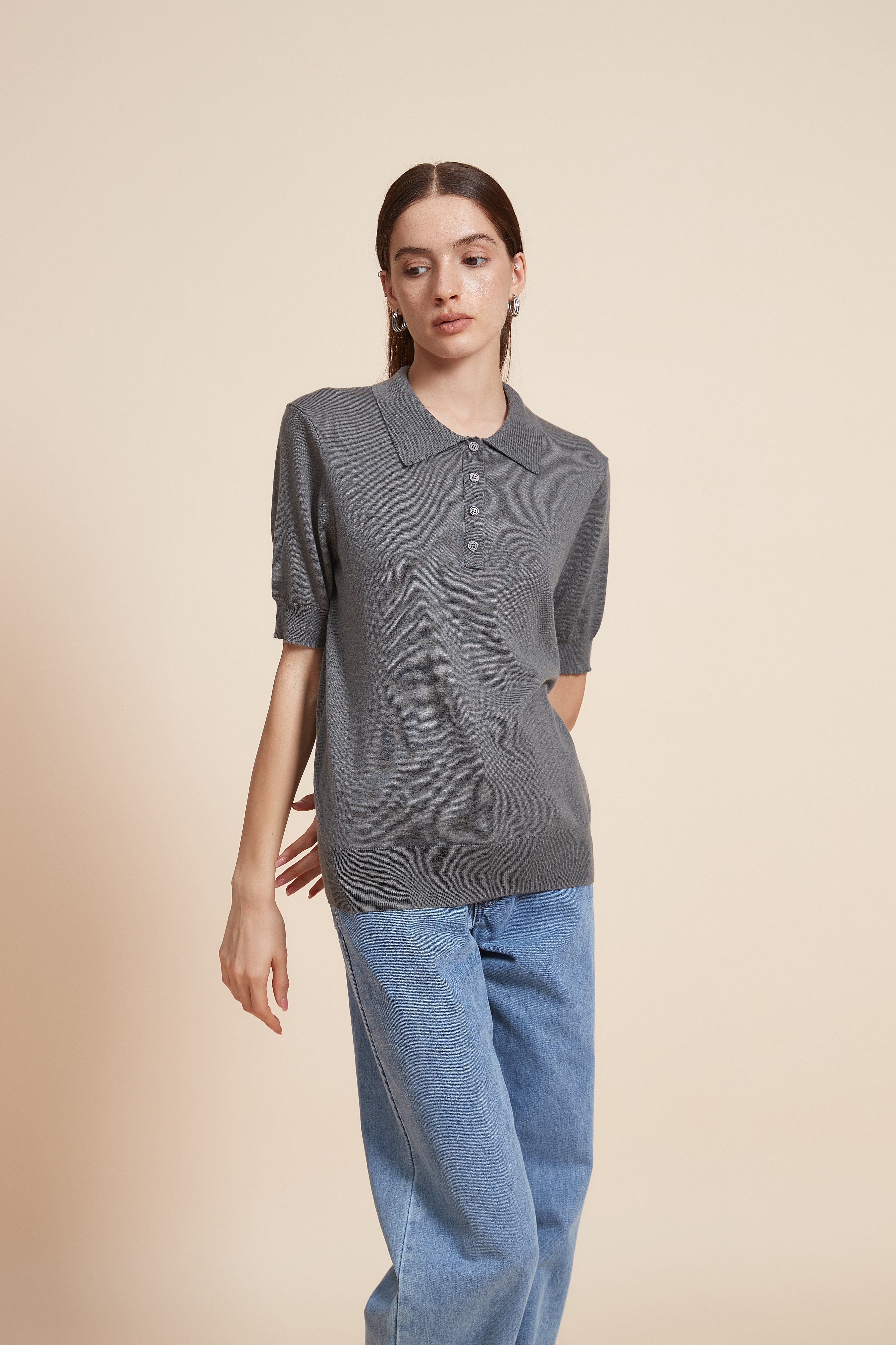 Plain Half Sleeve Blouse With Polo Collar