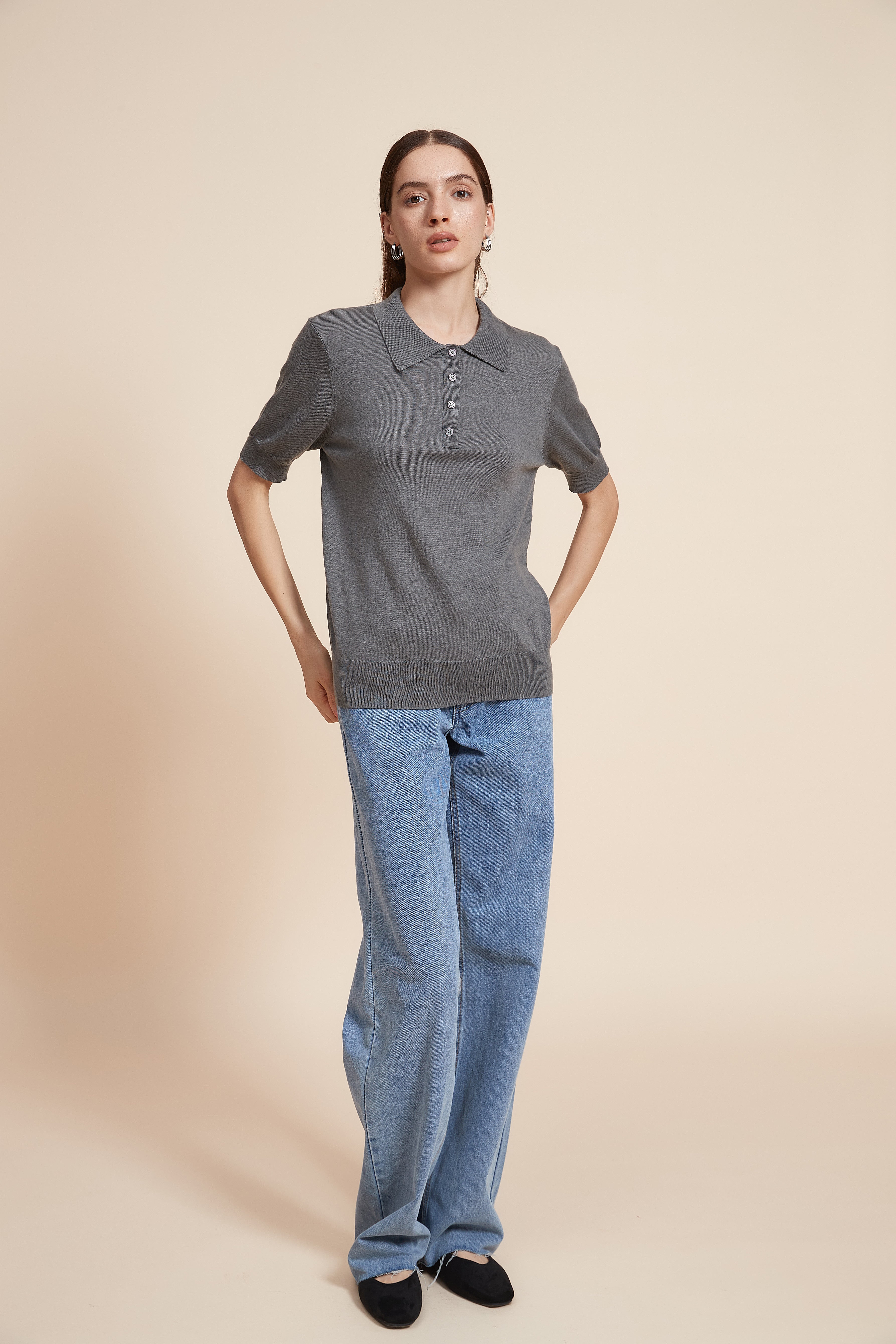 Plain Half Sleeve Blouse With Polo Collar