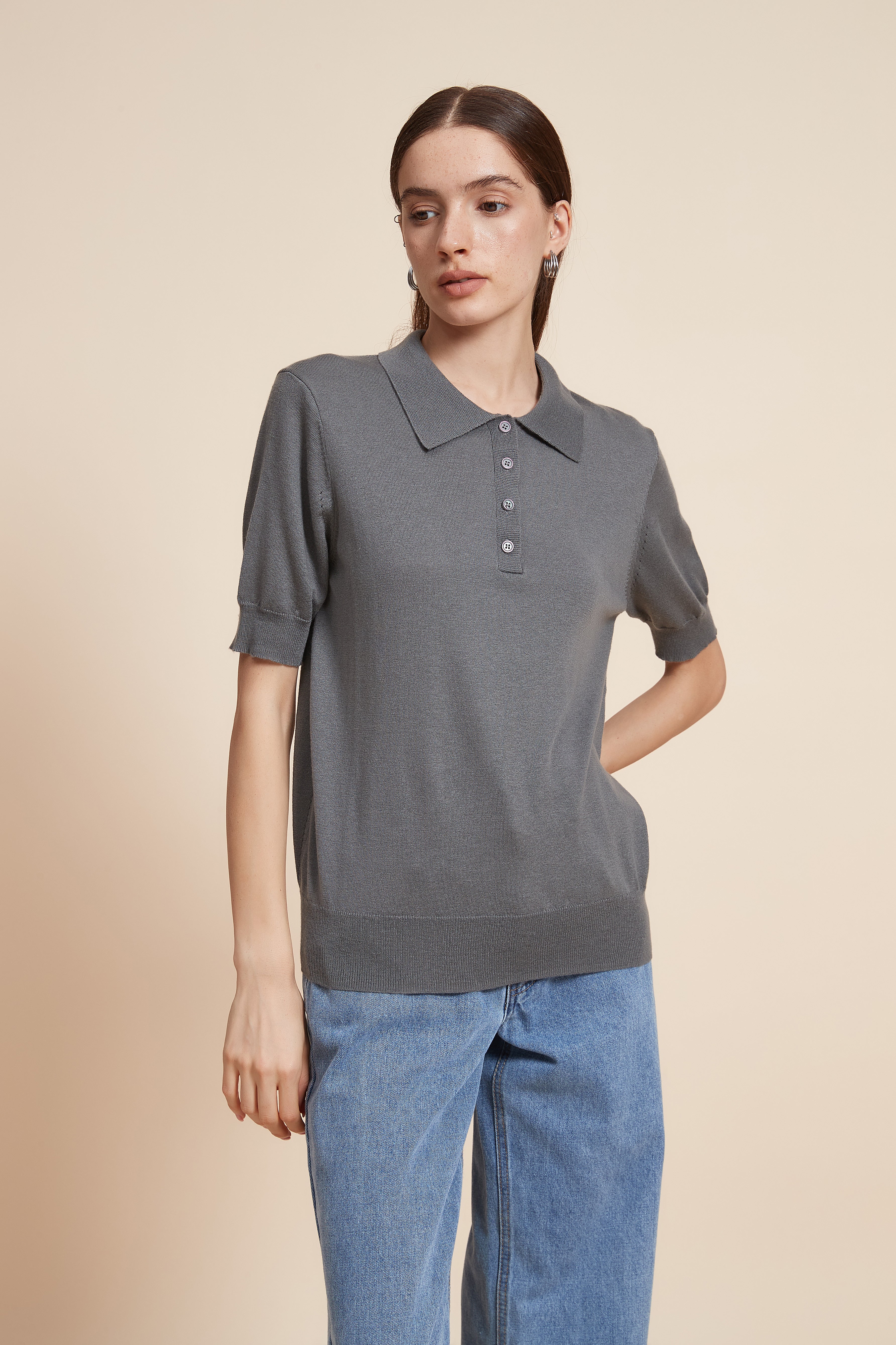 Plain Half Sleeve Blouse With Polo Collar