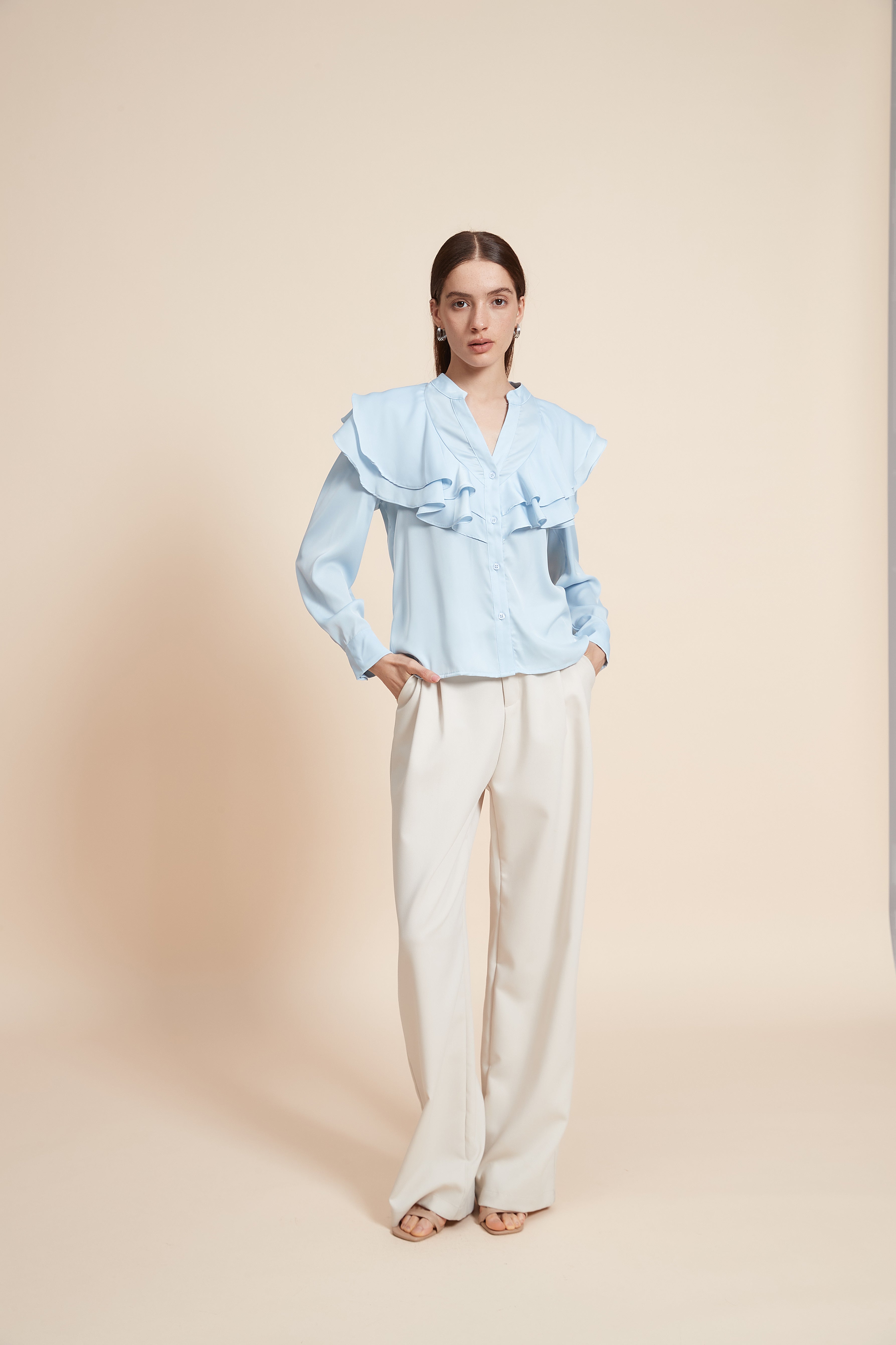 Plain Long Sleeve Blouse With Ruched Bust