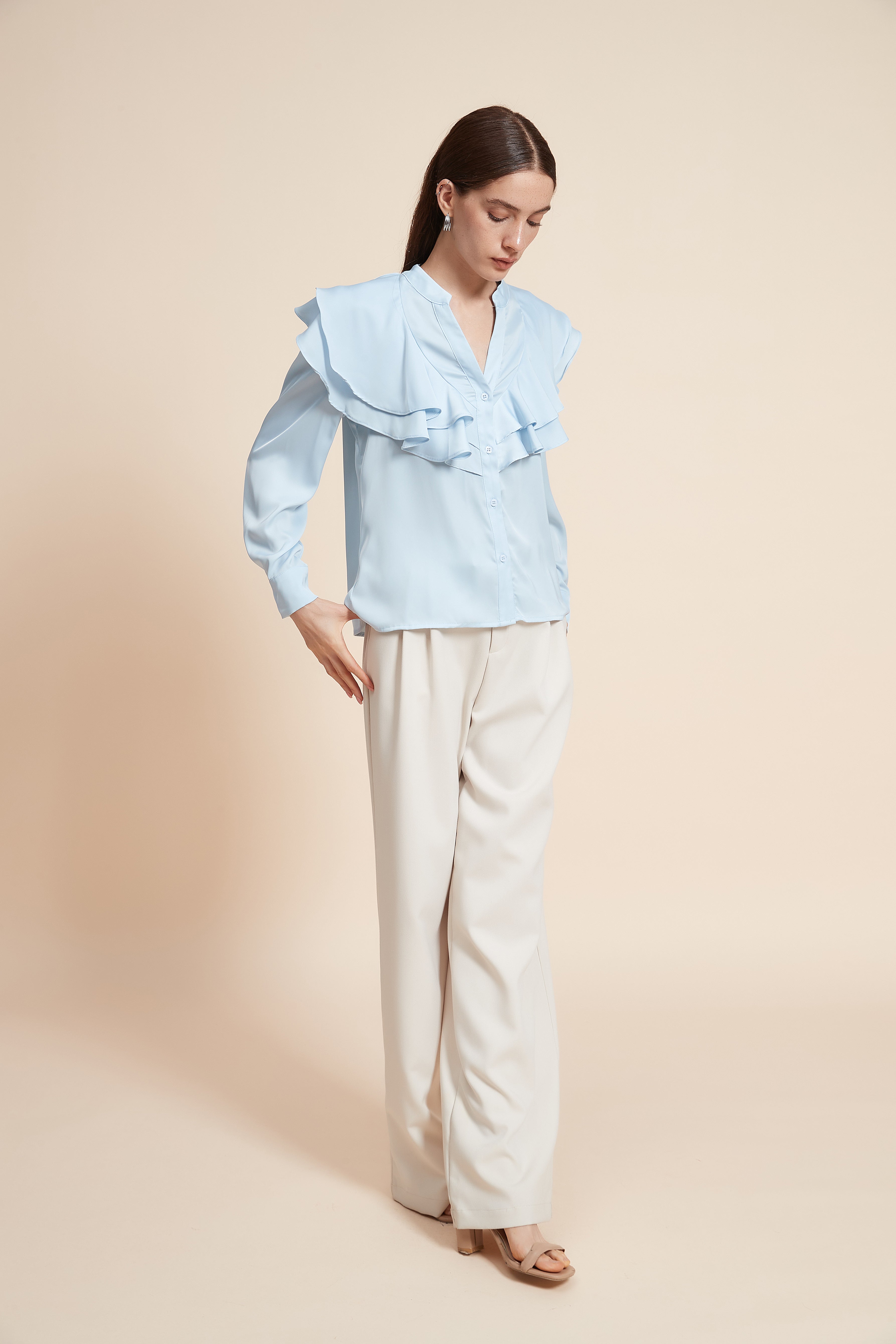 Plain Long Sleeve Blouse With Ruched Bust