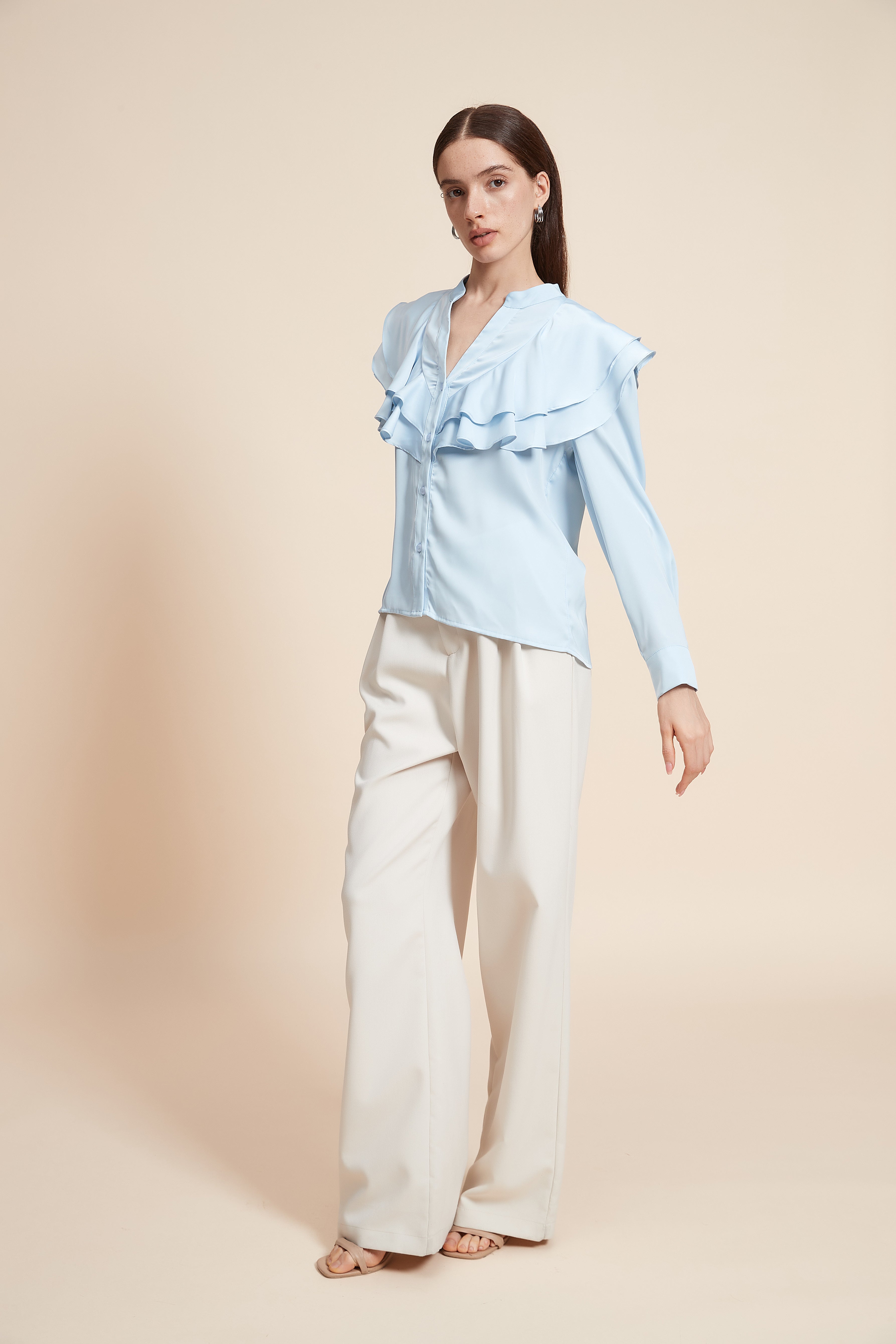 Plain Long Sleeve Blouse With Ruched Bust