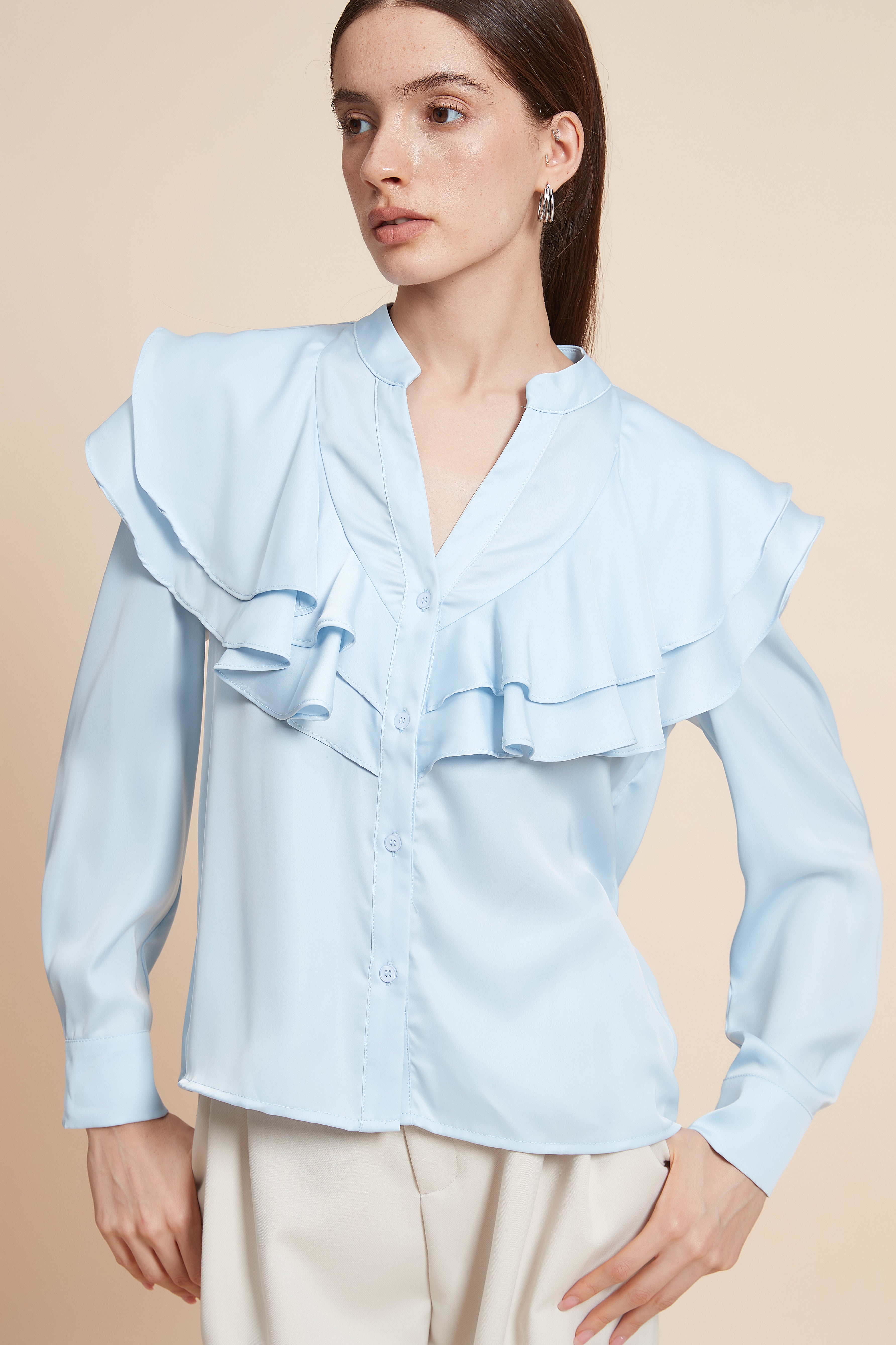 Plain Long Sleeve Blouse With Ruched Bust
