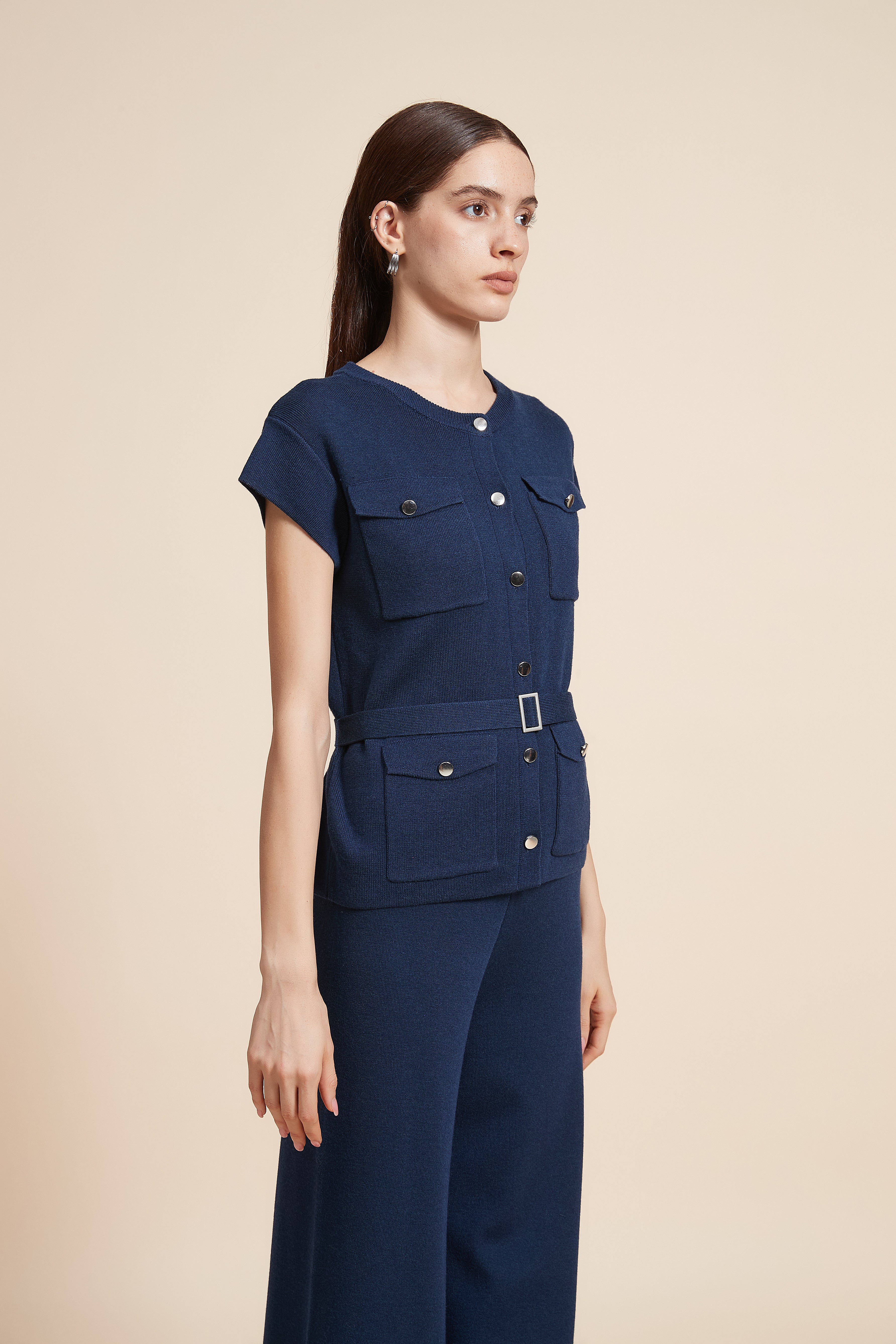 Plain Blouse with Buttons And Pockets