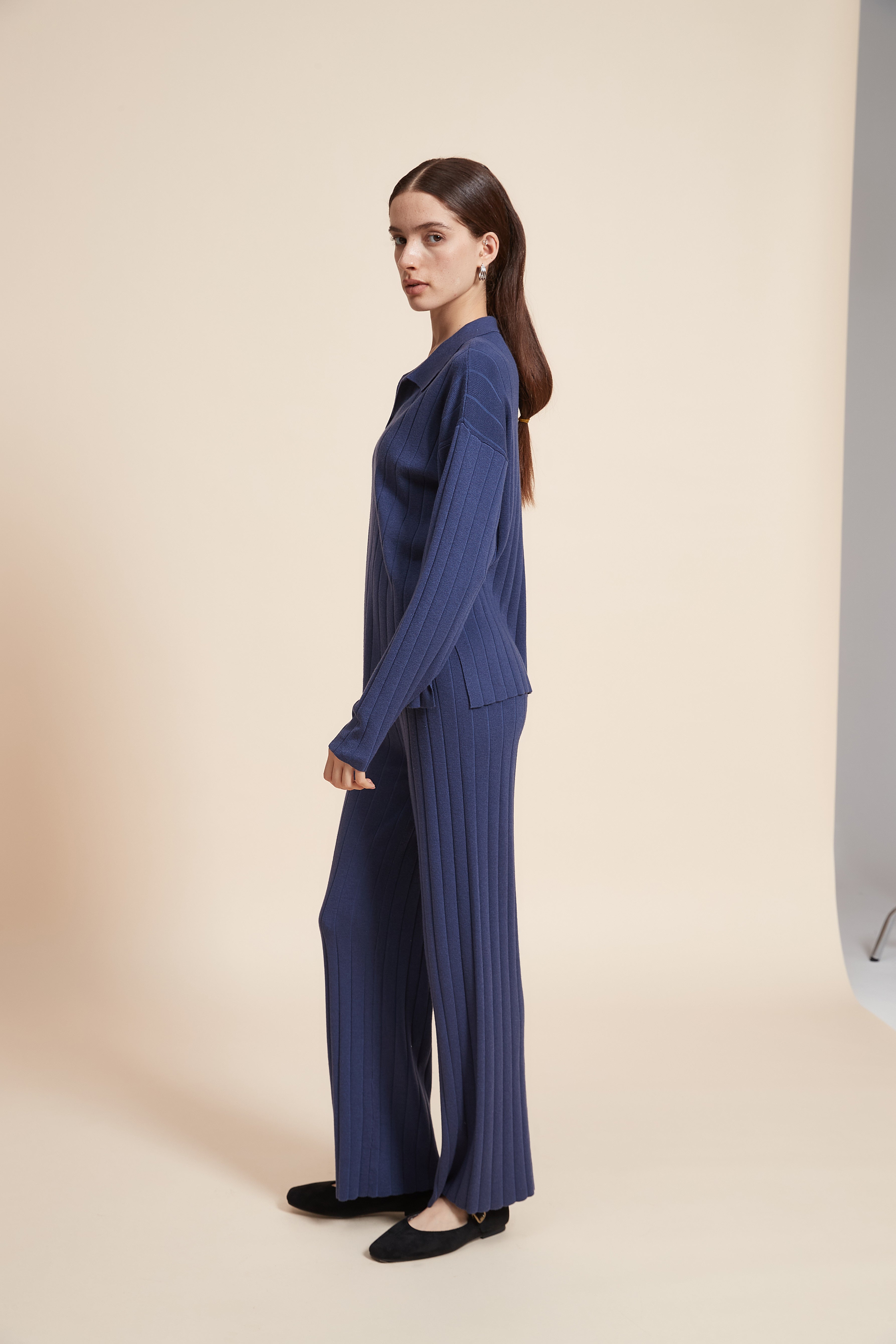 Plain Ribbed Mid-Length Blouse With Long Sleeves