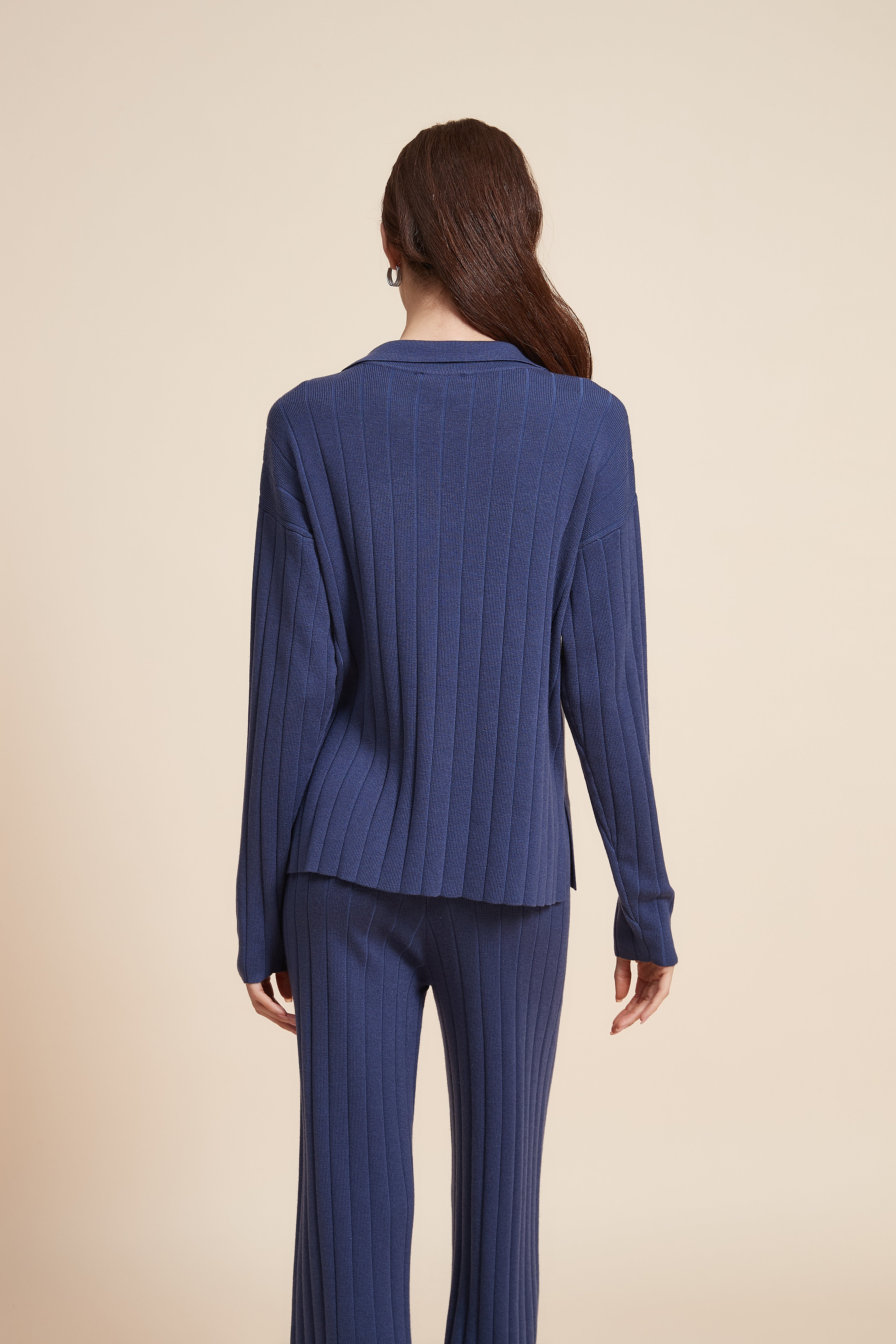 Plain Ribbed Mid-Length Blouse With Long Sleeves