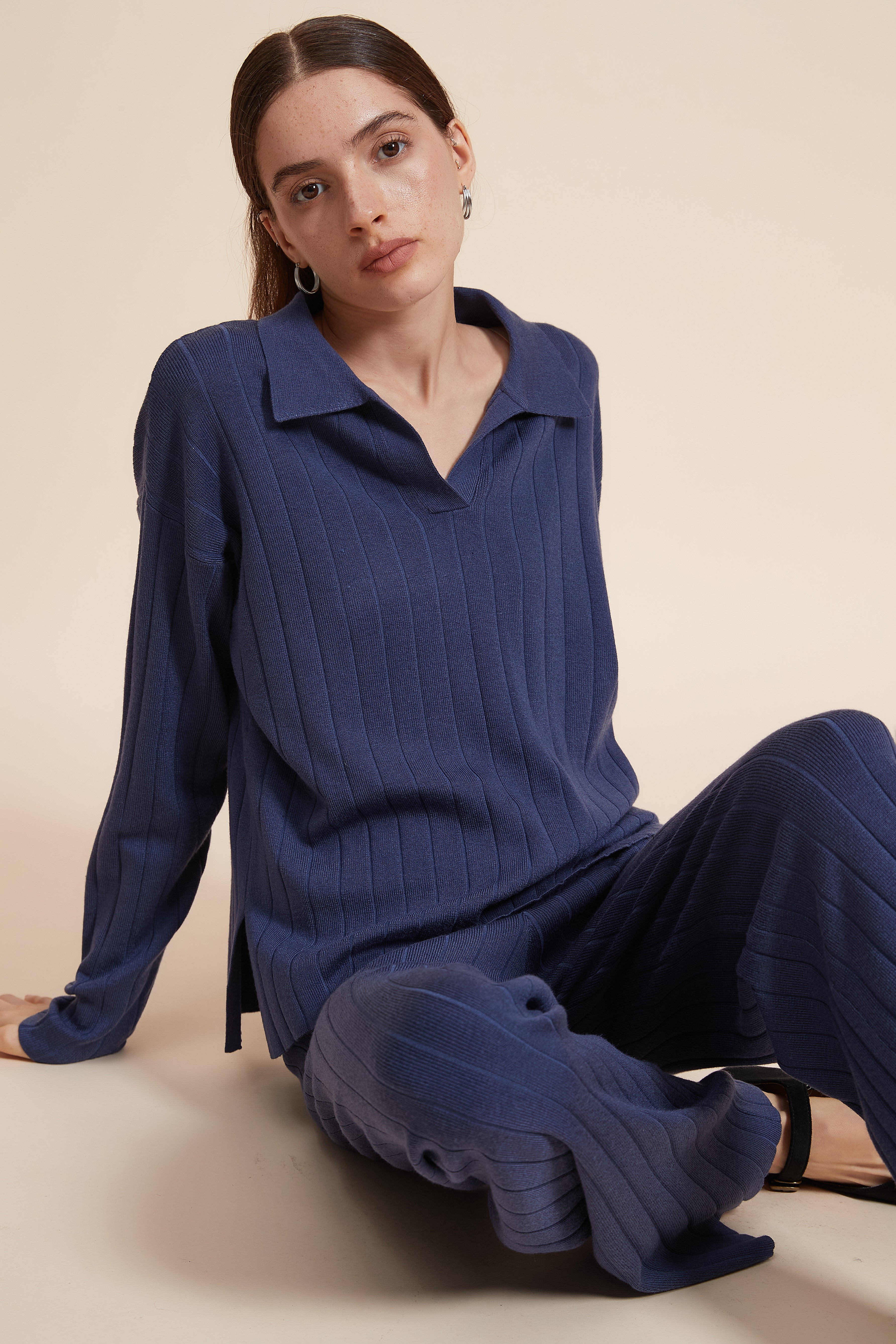 Plain Ribbed Mid-Length Blouse With Long Sleeves