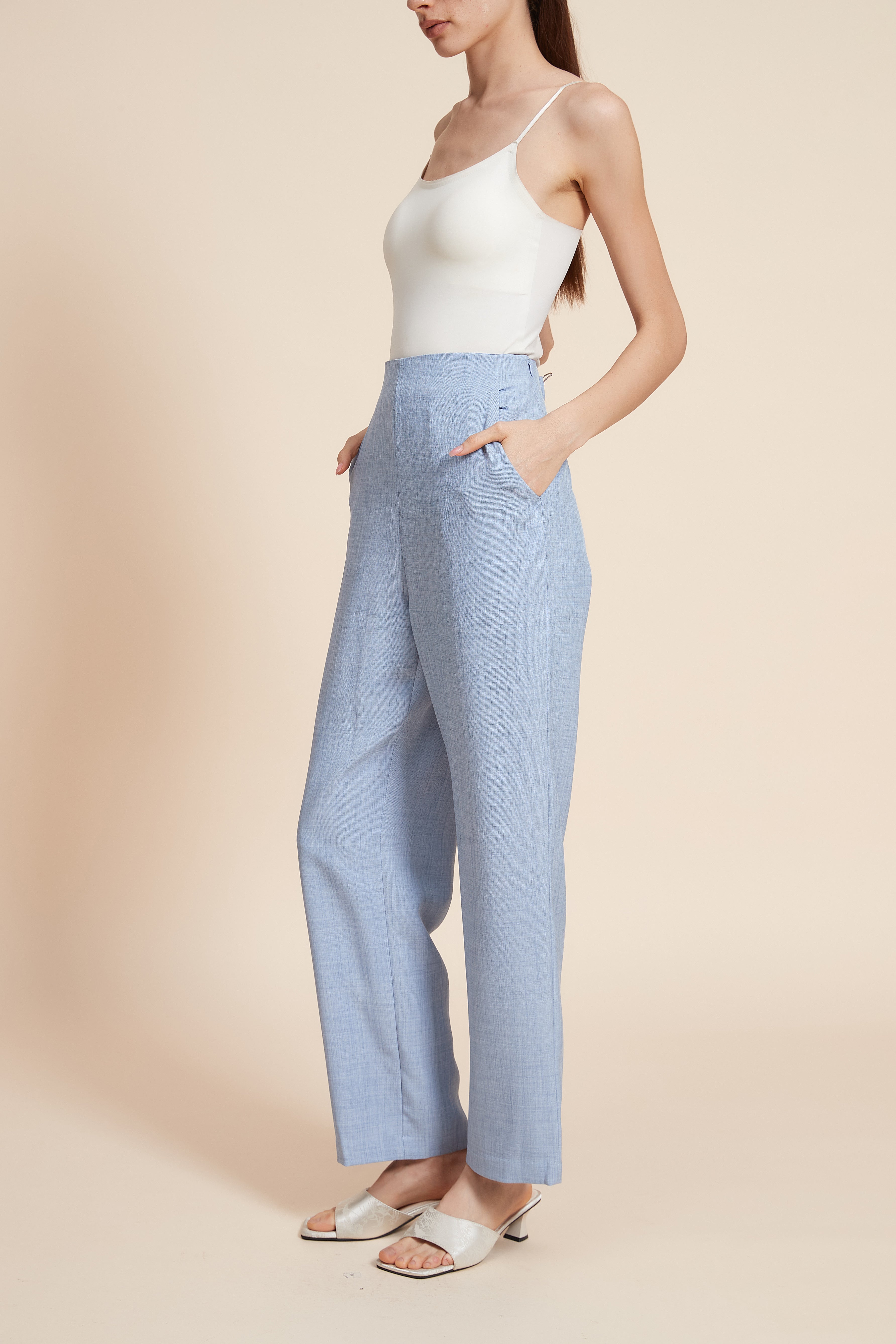 Long solid fabric trousers