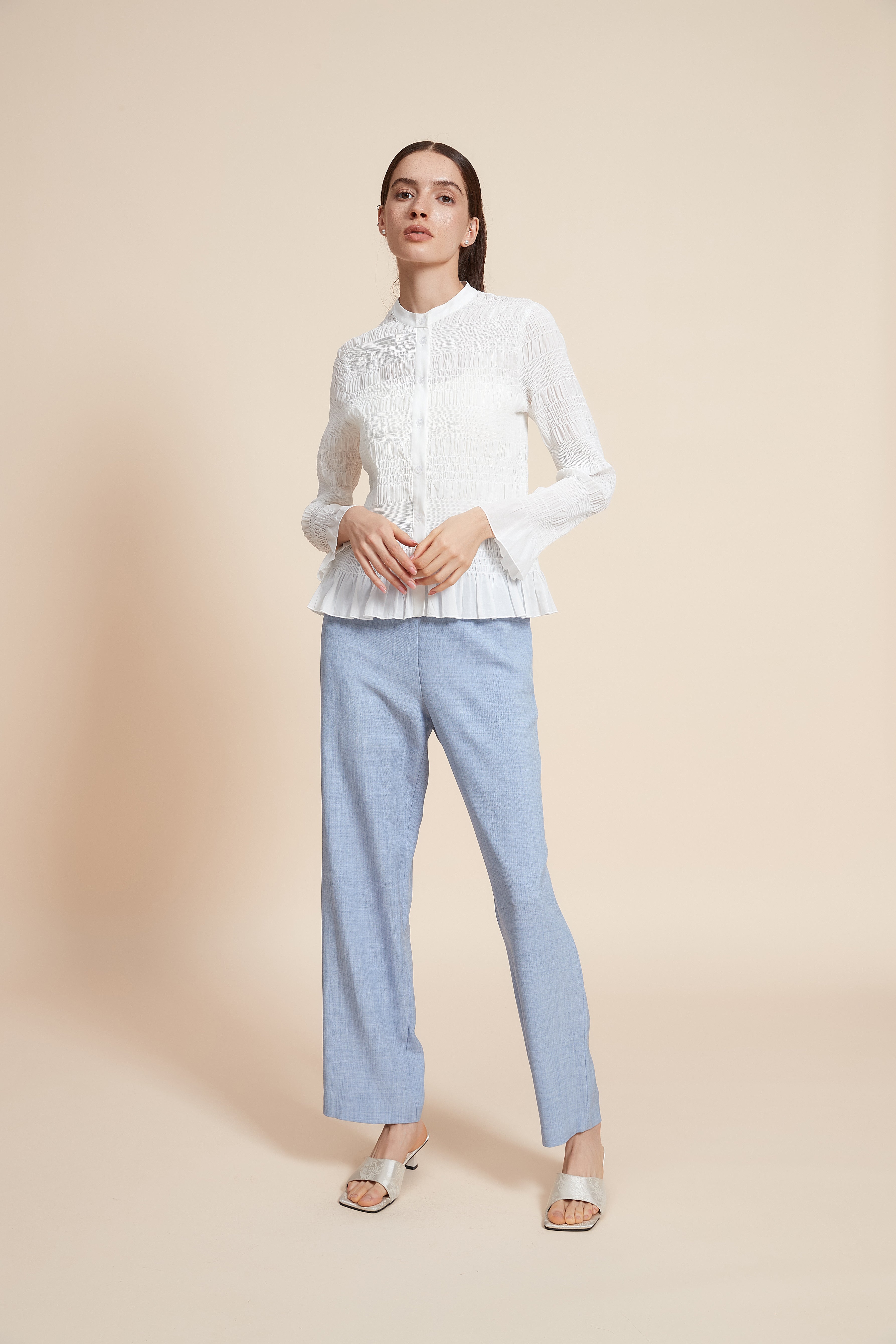 Ruched Plain Blouse With Long Sleeves