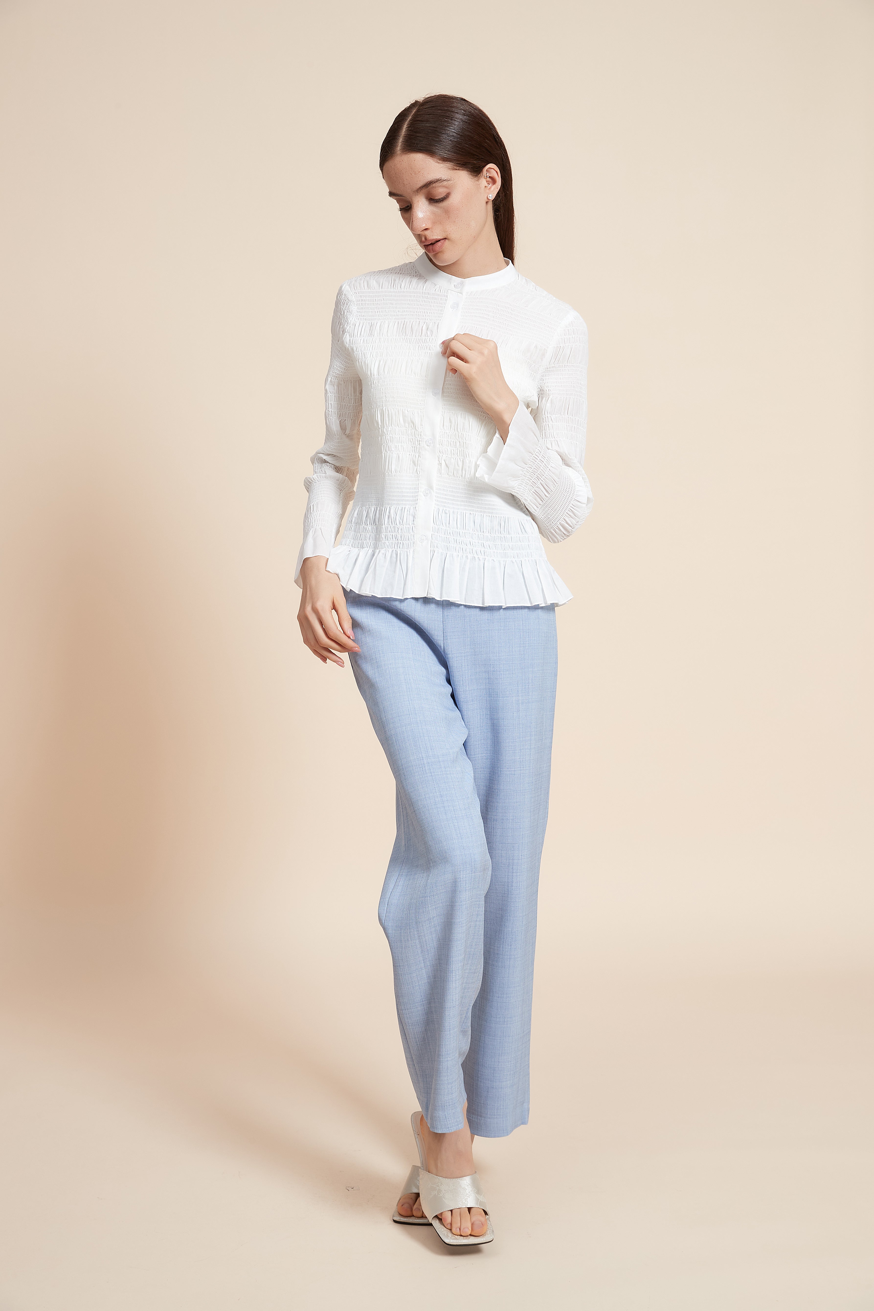Ruched Plain Blouse With Long Sleeves
